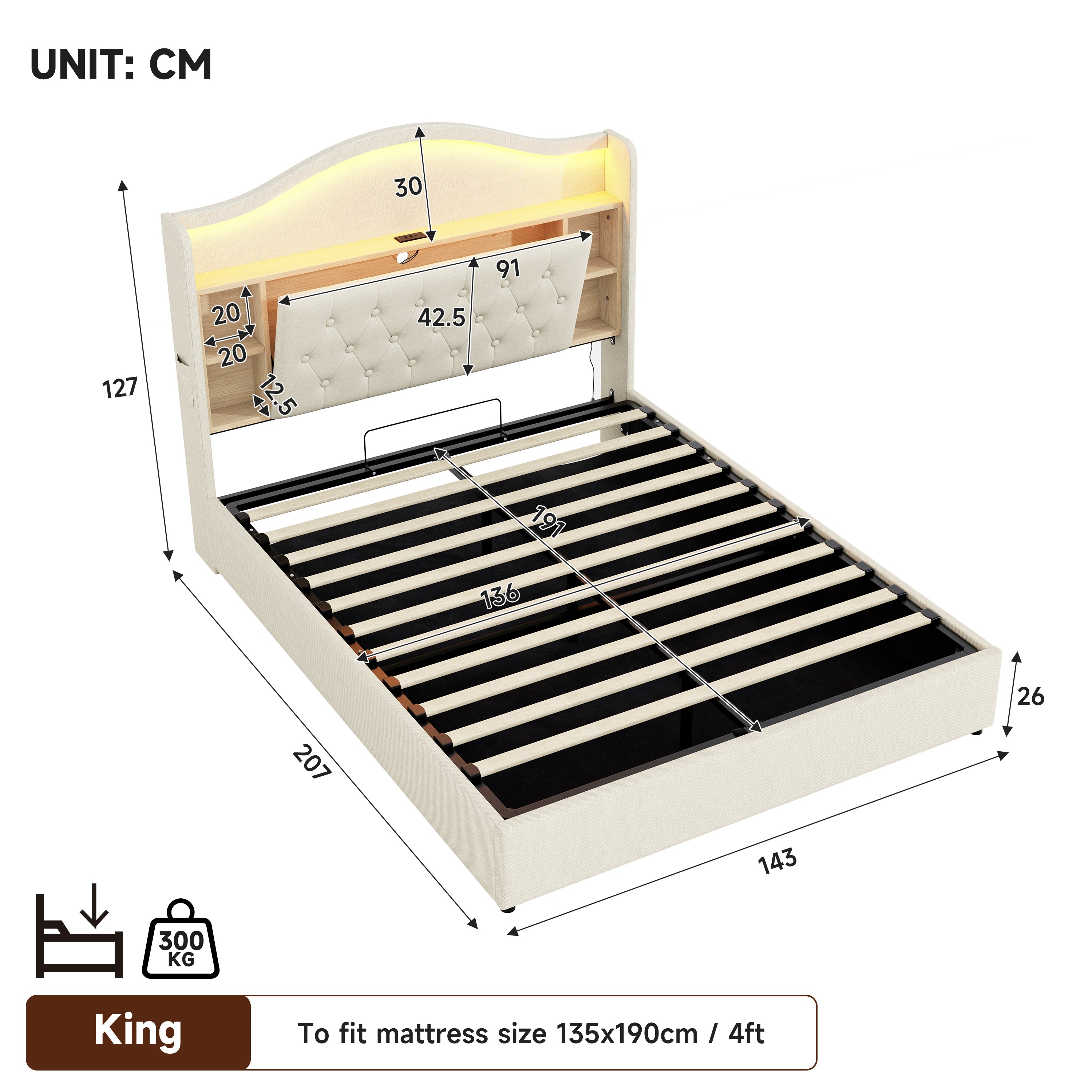 4ft6 Double Upholstered Bed Frame with Hydraulic Storage, LED Curved Button Tufted Headboard with Charging Station and Concealed Headboard Storage, USB and Type - C Ports, Linen, Beige (No Mattress)