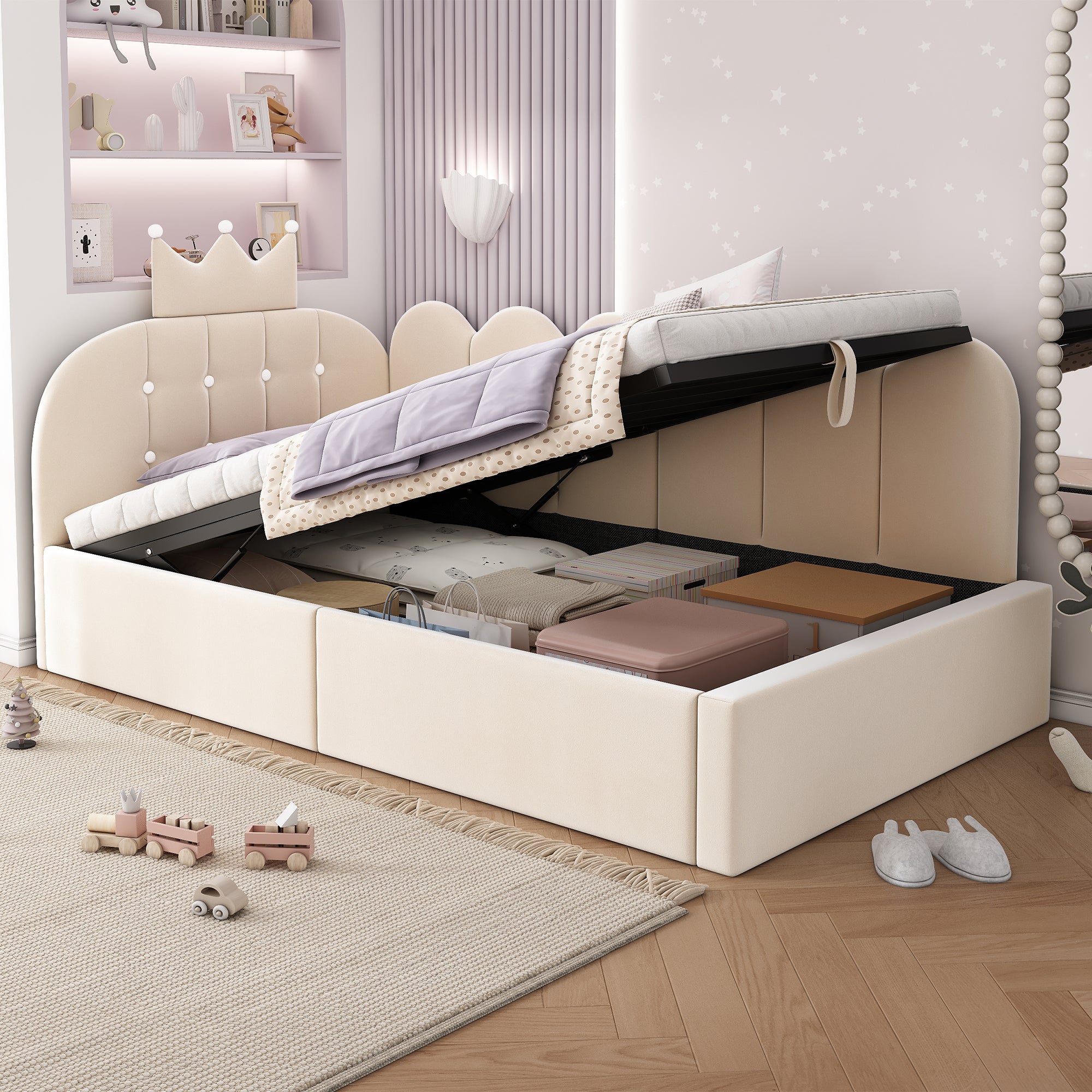 Upholstered Daybed with Hydraulic Storage, 3FT Single Sofa Bed 90 x 190 cm, Crown-shaped Bed Guest Beds for Adults & Children, Velvet, Beige (No Mattress)