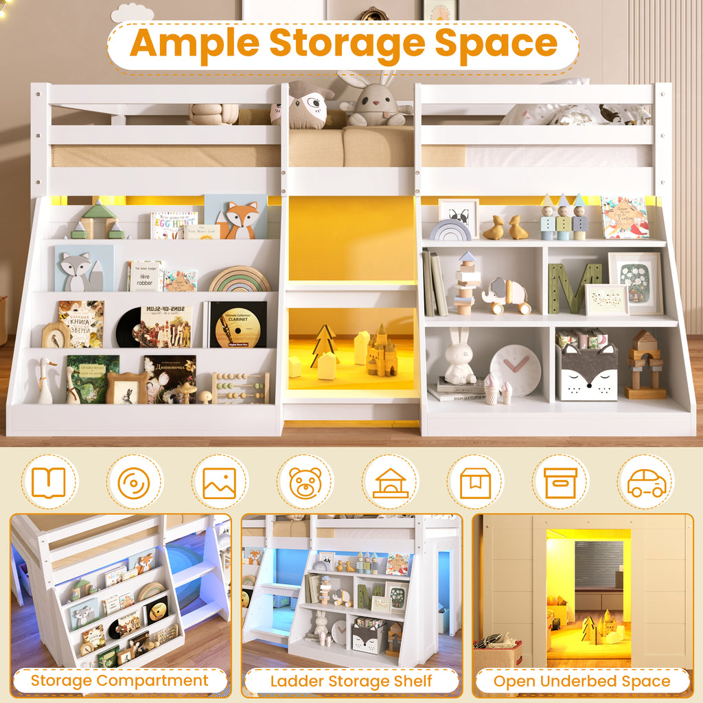 3ft Single Low Loft Bed with LED Light, Wooden Bed Frame with Stairs, Bookcase, Storage Shelf and Under-bed Play Space, Modern Bed with Safety Guardrail, Saving-space Design, White (No Mattress)