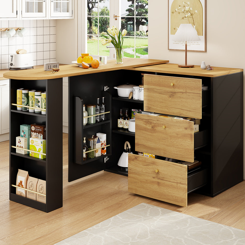 Extendable bar table with storage space (138–204 × 39 × 104 cm), 360° rotating dining bar, modern mobile bar table, high table kitchen island bistro table, sideboard with wood grain finish