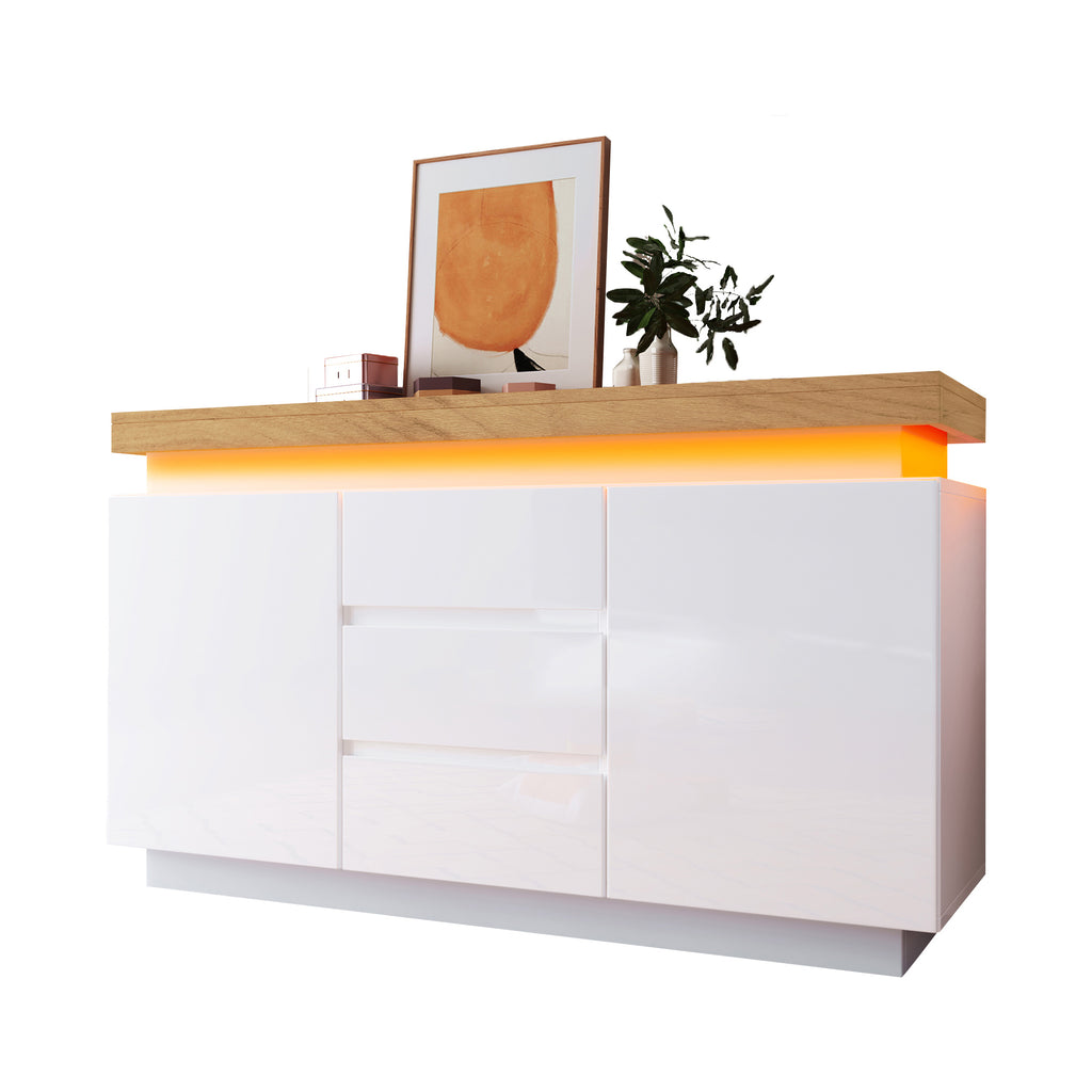 Chest of Drawers,High-gloss Sideboard Cabinet with 2 Doors and 3 Drawers,Storage with RGB LED(App-controlled),Multi-purpose Cabinet for Living Room and Bedroom, 81 x 140 x 39 cm, White