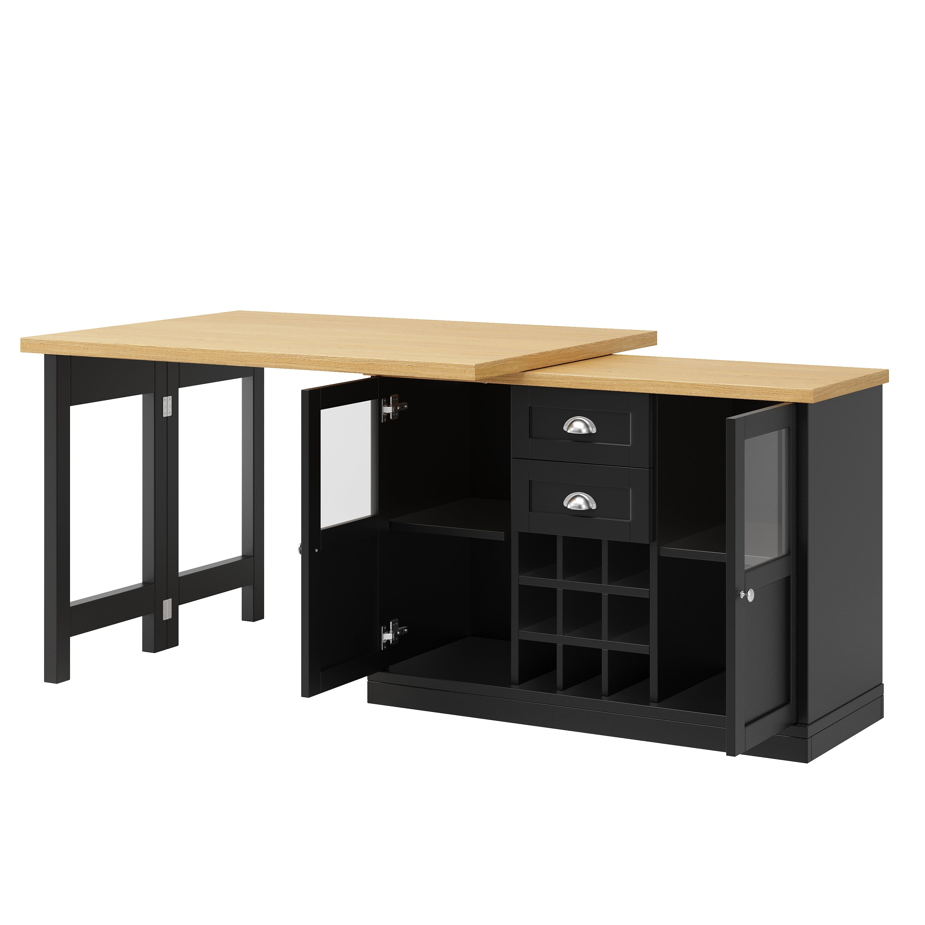 Extendable Sideboard with LED Lights, 120-197cm Adjustable Dining Table with Storage, 2 Drawers & Glass Cabinet doors, White/Black
