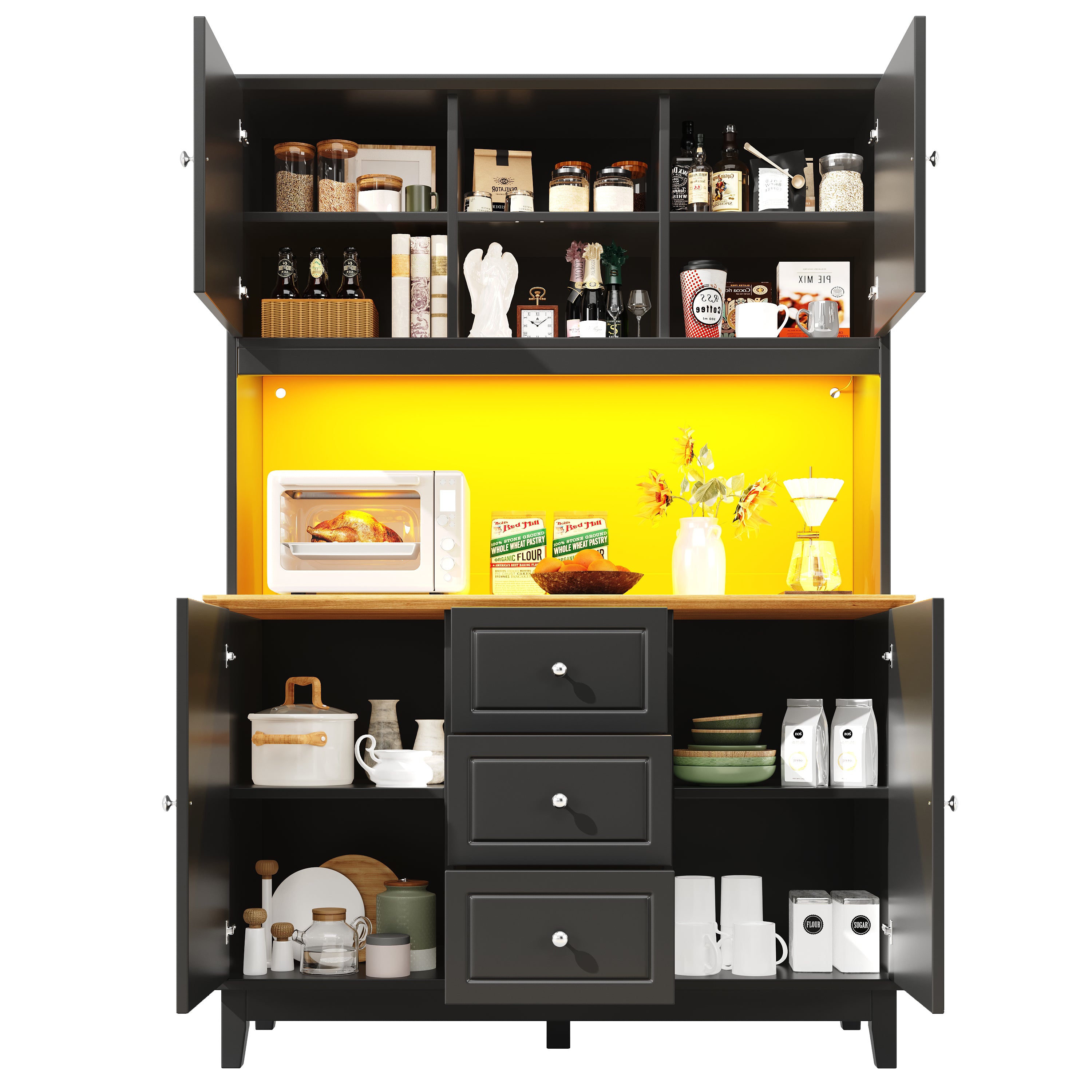 Snack cabinet, kitchen cabinet (120 x 40 x 180 cm), tall kitchen dining cabinet, sideboard, kitchen cabinet with three drawers and LED lighting, suitable for kitchen, living room, dining room, black