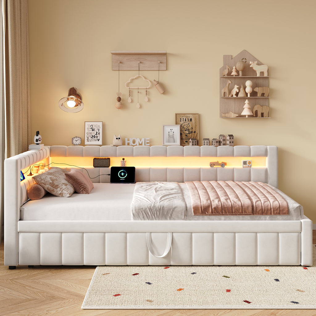 3ft Single Velvet Daybed, Sofa Bed with RGB LED Lights and Charging Station, Upholstered Sofa Bed with Trundle, Pull out Trundle Bed for Living Room, Bedroom or Study, Beige (No Mattress)