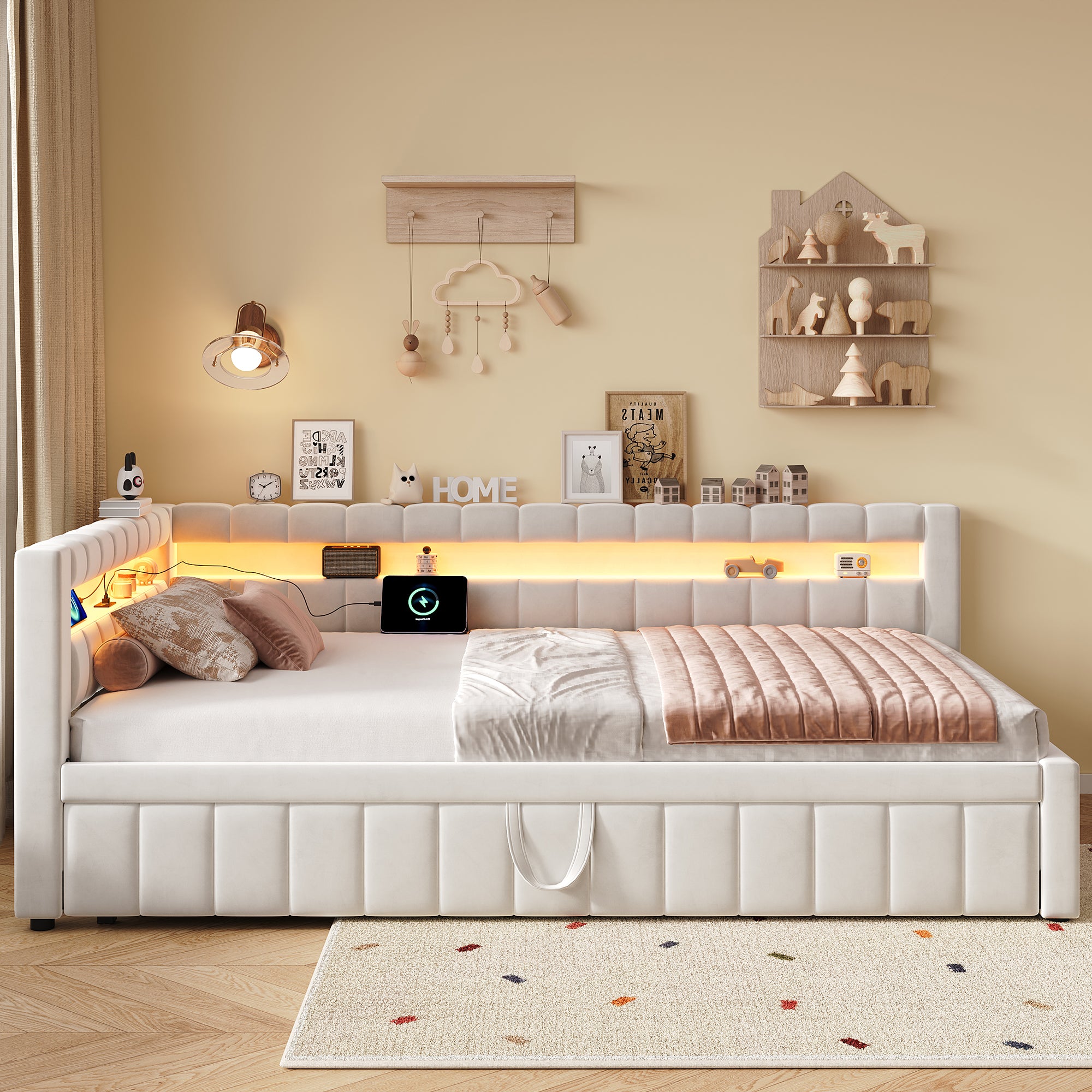 3ft Single Velvet Daybed, Sofa Bed with RGB LED Lights and Charging Station, Upholstered Sofa Bed with Trundle, Pull out Trundle Bed for Living Room, Bedroom or Study, Beige (No Mattress)
