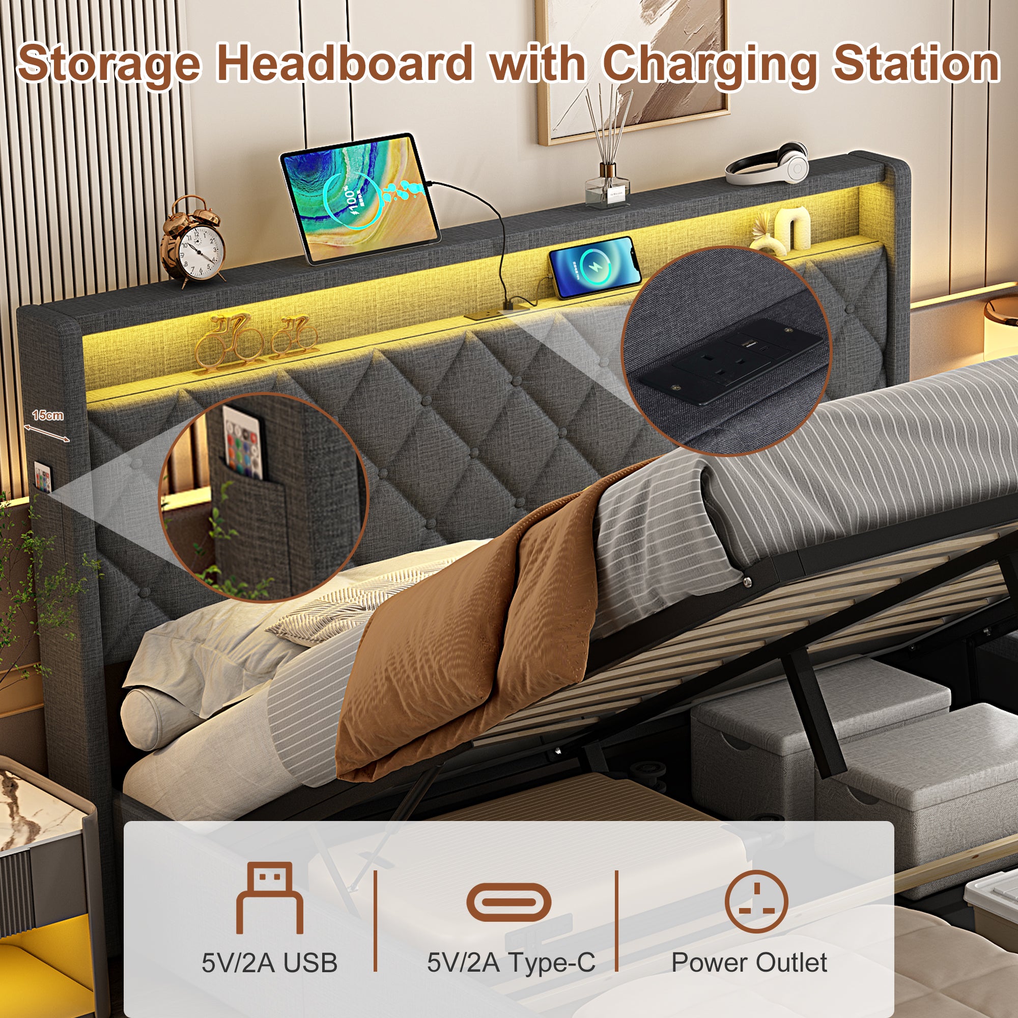 4ft6 Double Upholstered Bed Frame with Hydraulic Storage, Linen Ottoman Bed with LED Lighting, Button Tufted Storage Headboard with Charging Station, No Box Spring Needed, Grey (No Mattress)