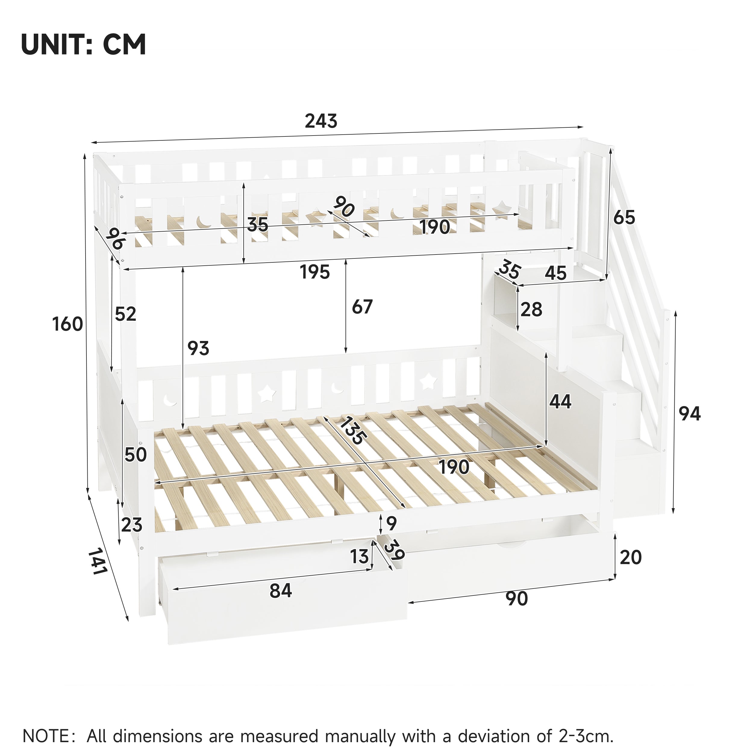 Bunk Bed with Two Storage Drawers and Side Hidden Storage Compartments, Solid Wood Loft Bed Frame with Space-Saving Design, Safety Guardrails & Staircase, Star and Moon Motifs, White (No Mattress)