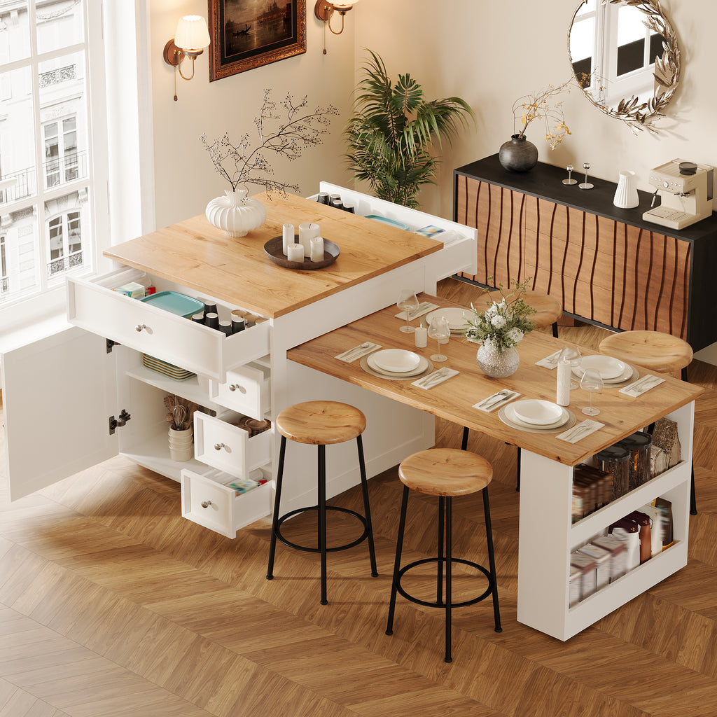Extendable kitchen island (120-184 cm) with drawers and casters, mobile kitchen island with wood-look tabletop, versatile counter island for kitchen, dining room & bar counter, white/black