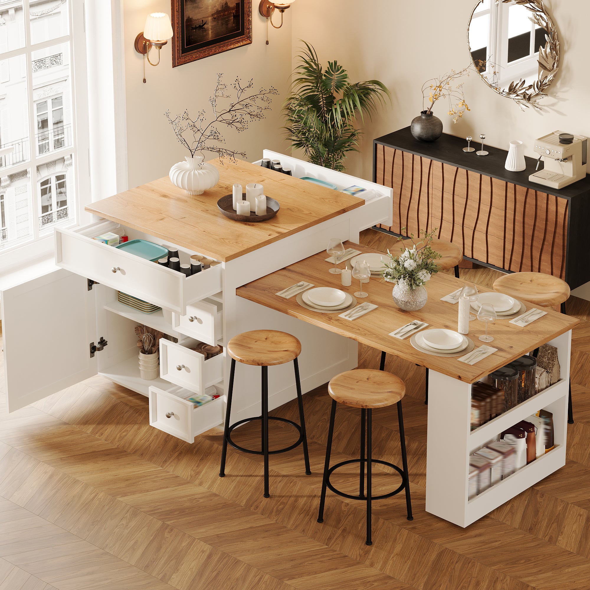 Extendable kitchen island (120-184 cm) with drawers and casters, mobile kitchen island with wood-look tabletop, versatile counter island for kitchen, dining room & bar counter, white/black