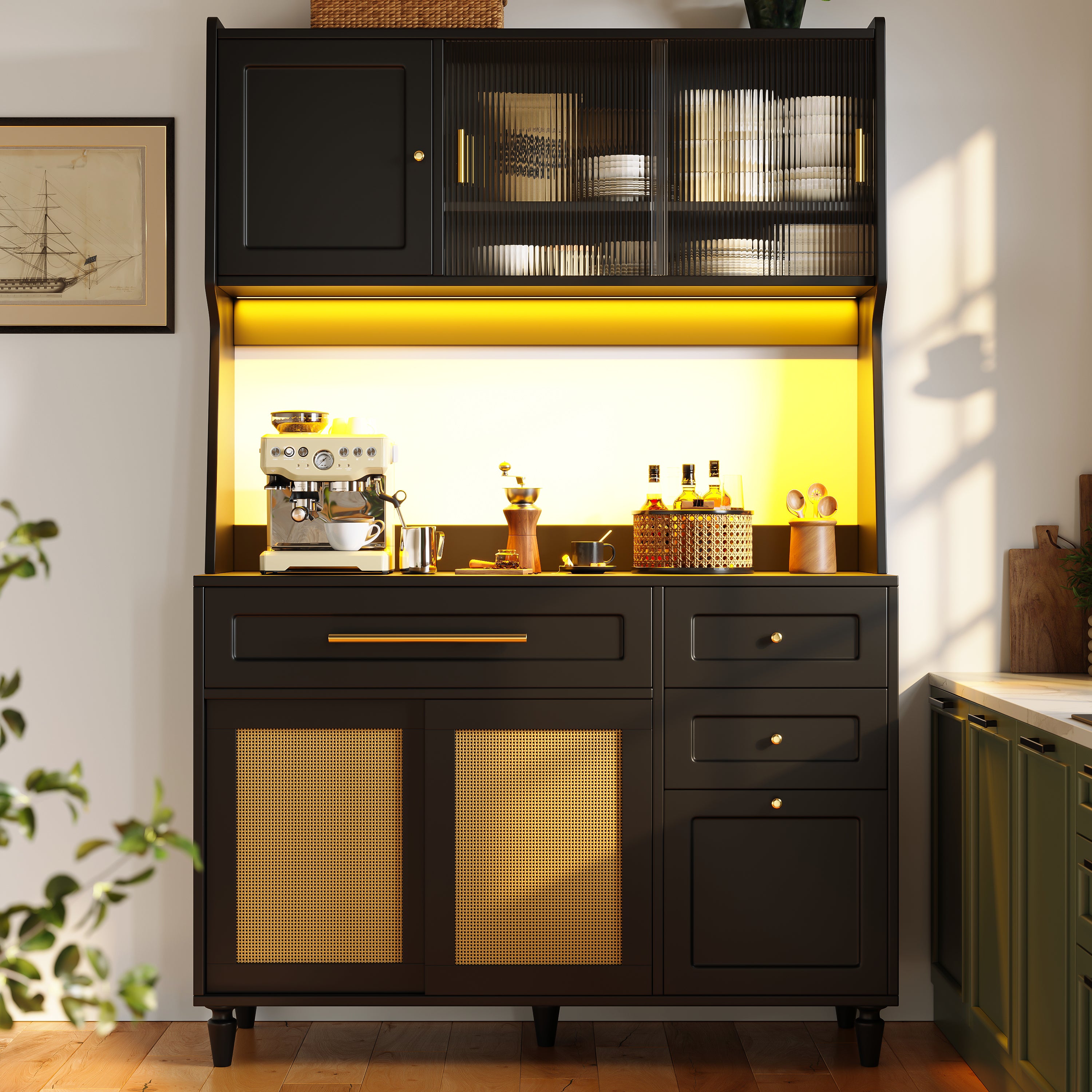Kitchen Cabinet(120*45*195.5 cm), Tall Cabinet, Display Cabinet, Buffet Cabinet with Adjustable Shelves, Dining Room Cabinet with 3 Drawers, Sideboard with LED Lighting, PE Rattan, Black
