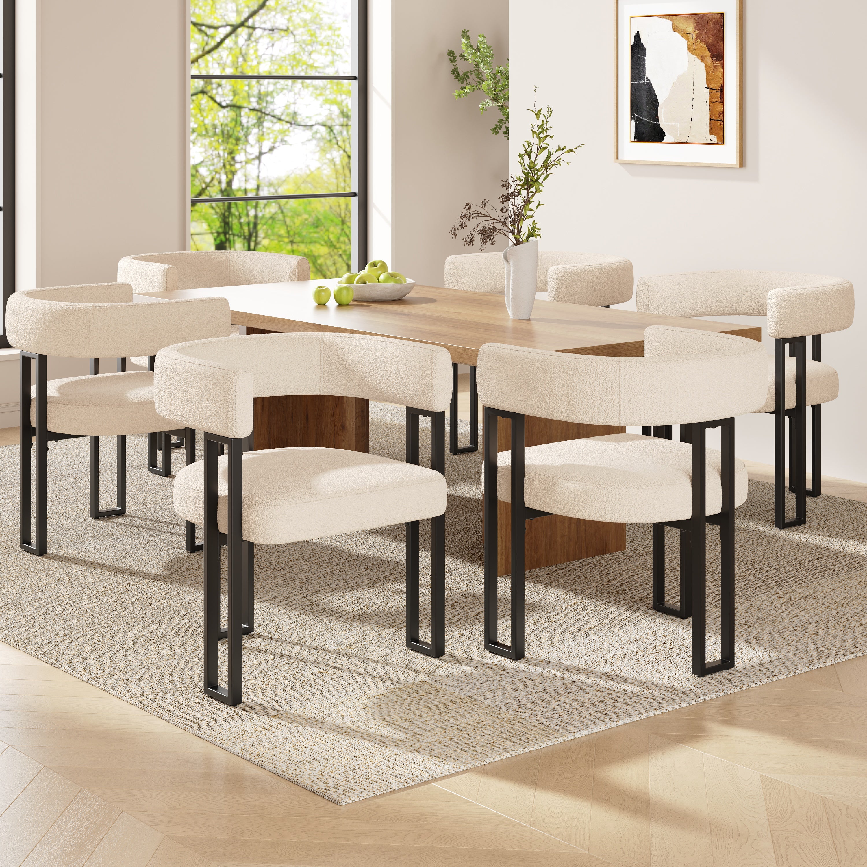 High-quality fabric (6-piece set) dining chairs, dressing chairs, ergonomic chairs, lightweight luxury chairs with curved backrest, beige