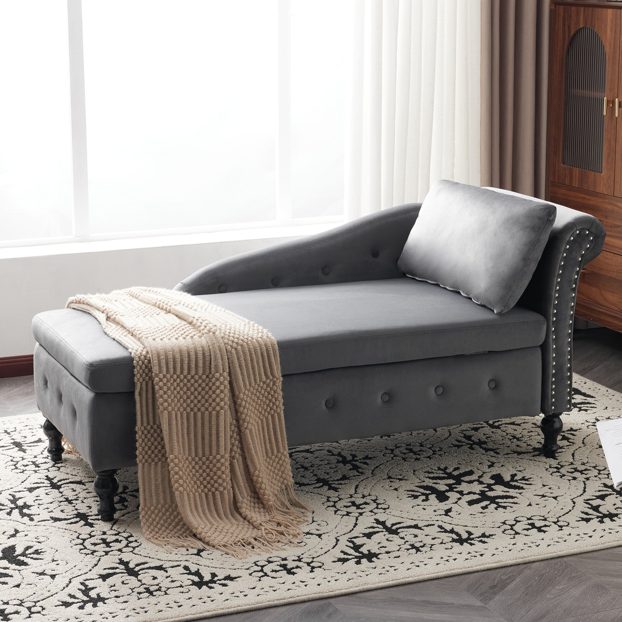 Velvet Chaise Lounge Sofa with Storage, Upholstered Chaise lounge Couch with Pillow for Living Room, Modern Nailhead-Trim & Button-tufted Lounge Chair, Bedroom and Office, Right Armrest