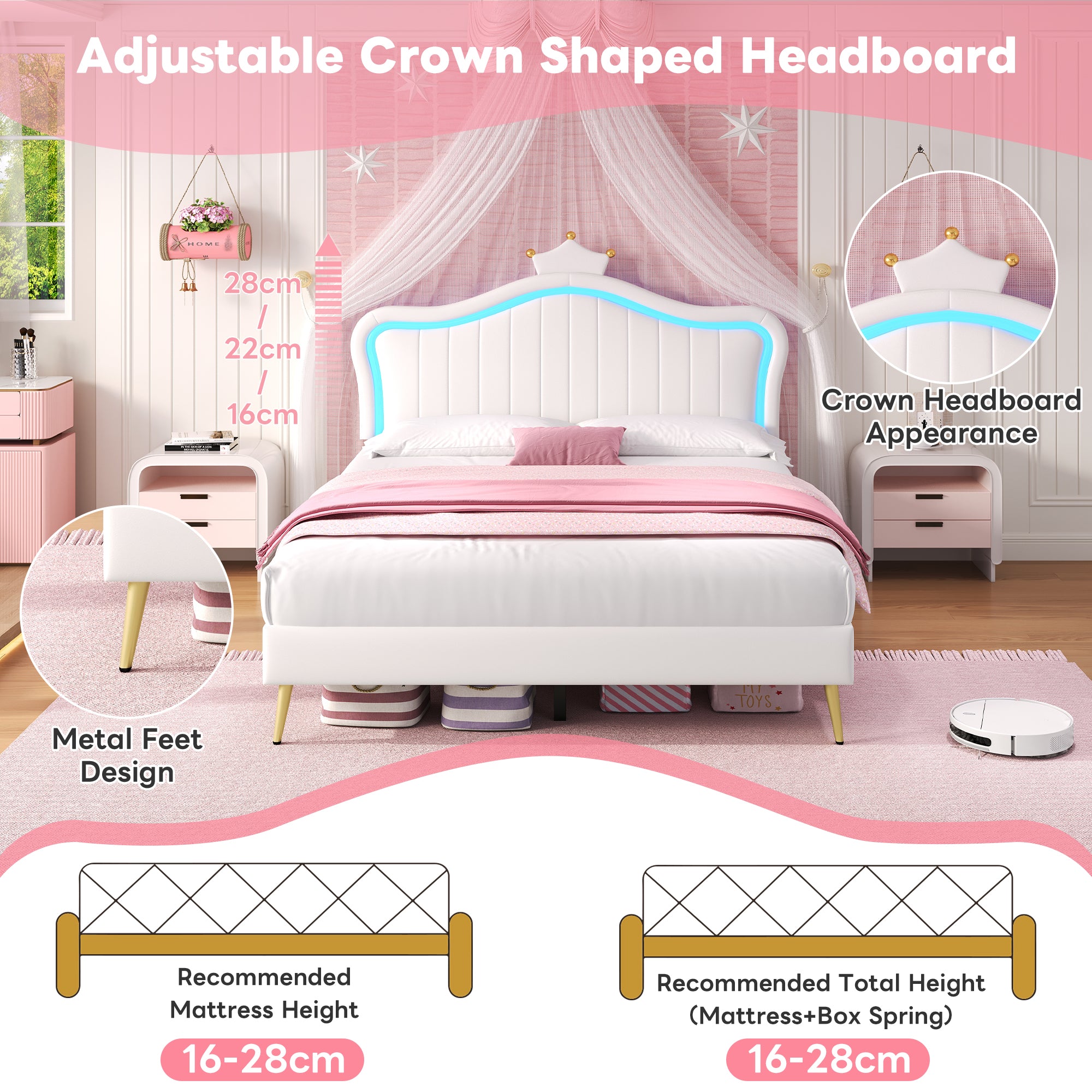 4ft6 Double Upholstered Bed with LED Adjustable Crown Shape Headboard, PU Leather Bed Frame with Solid Wood Slat, No Box Spring Needed, Easy Assembly, Cream White (No Mattress)