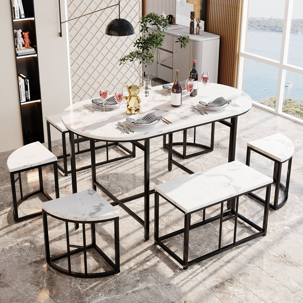 Dining room table set with six chairs, Dining group with white MDF seat cushions and gold-plated iron frames, Modern luxury tables and chairs