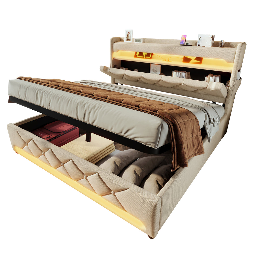 Upholstered Bed 135 x 190 cm with LED Lighting, USB Type-C Charging, Storage Headboard for Cellphones and Tablets, 4ft6 Hydraulic Storage Bed with Metal Slatted Frame, Linen, Beige (No Mattress)