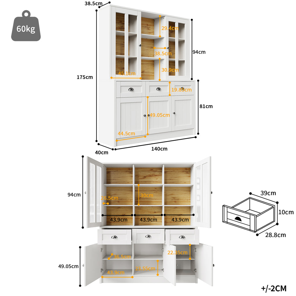 Tall Cabinets for Living Room (140×38.5×175cm), Display Cabinet, Kitchen Cabinet, Dining Room Cabinet with Drawers, Modern Minimalist Tall Cabinet, Freestanding Display Cabinet, White