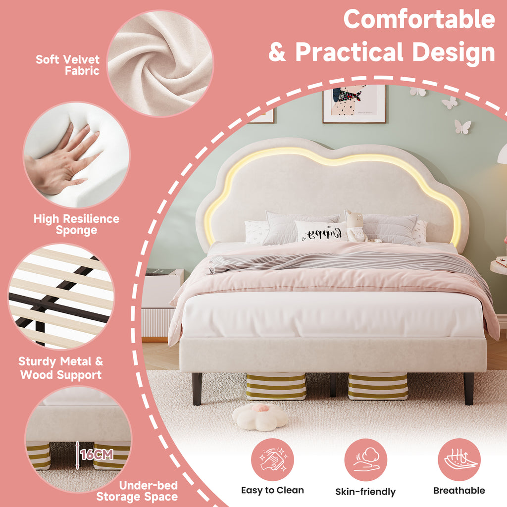 4ft6 Double Upholstered Bed with LED Adjustable Cute Cloud Headboard, Soft Velvet Bed Frame with Solid Wood Slat, No Box Spring Needed, Easy Assembly, Cream White (No Mattress)