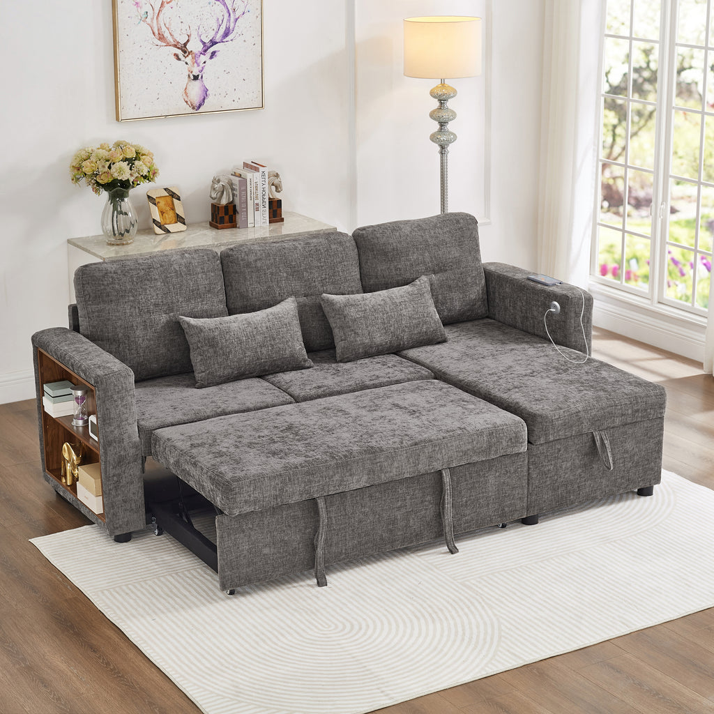 3-in-1 Convertible Chenille Sectional Sofa Bed with Convertible Storage Chaise, L-Shaped Sleeper Sofa with Integrated Charging Station and Adjustable Armrest Side Storage, USB & Type-C Ports, Grey