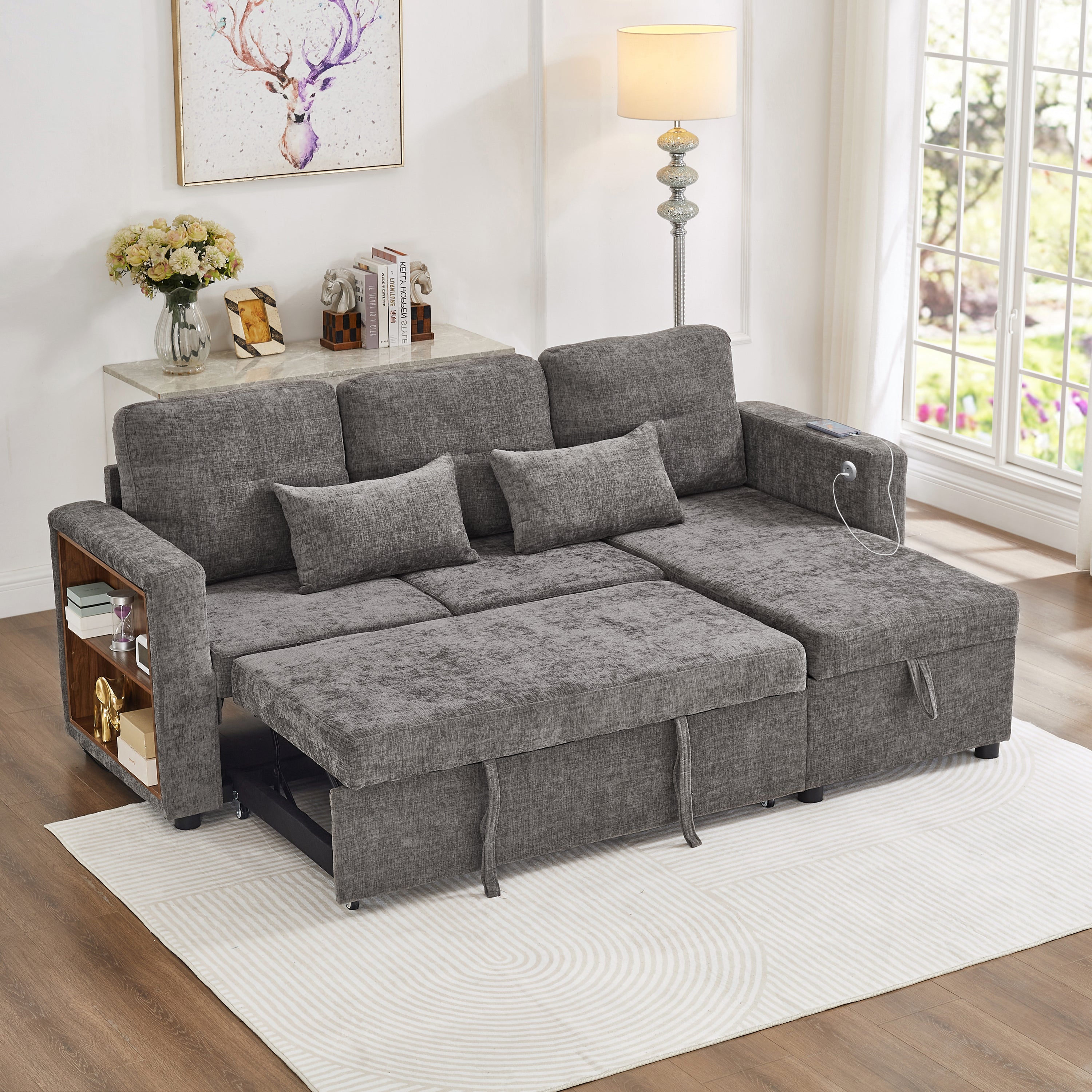 3-in-1 Convertible Chenille Sectional Sofa Bed with Convertible Storage Chaise, L-Shaped Sleeper Sofa with Integrated Charging Station and Adjustable Armrest Side Storage, USB & Type-C Ports, Grey