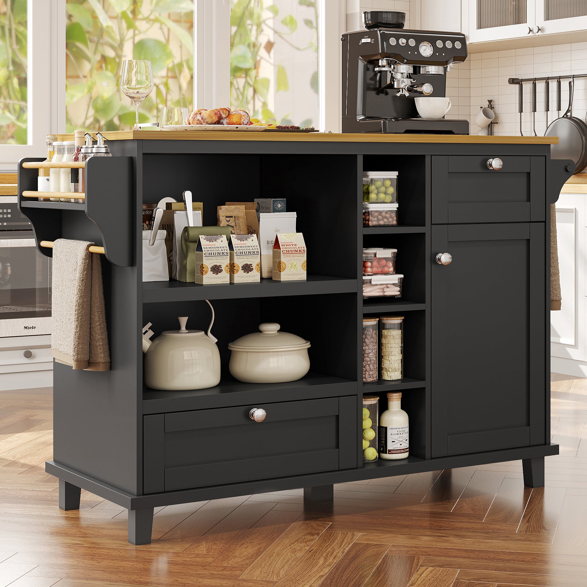 Dining trolley (129 x 46 x 92 cm), modern and simple black mobile kitchen dining trolley with drawers and storage cupboards, light brown wooden worktop, suitable for modern families, black