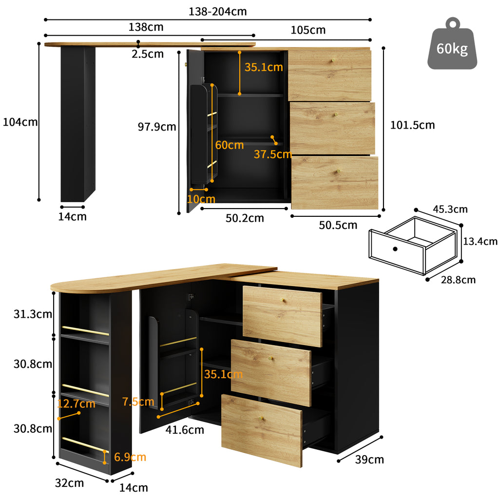 Extendable bar table with storage space (138–204 × 39 × 104 cm), 360° rotating dining bar, modern mobile bar table, high table kitchen island bistro table, sideboard with wood grain finish