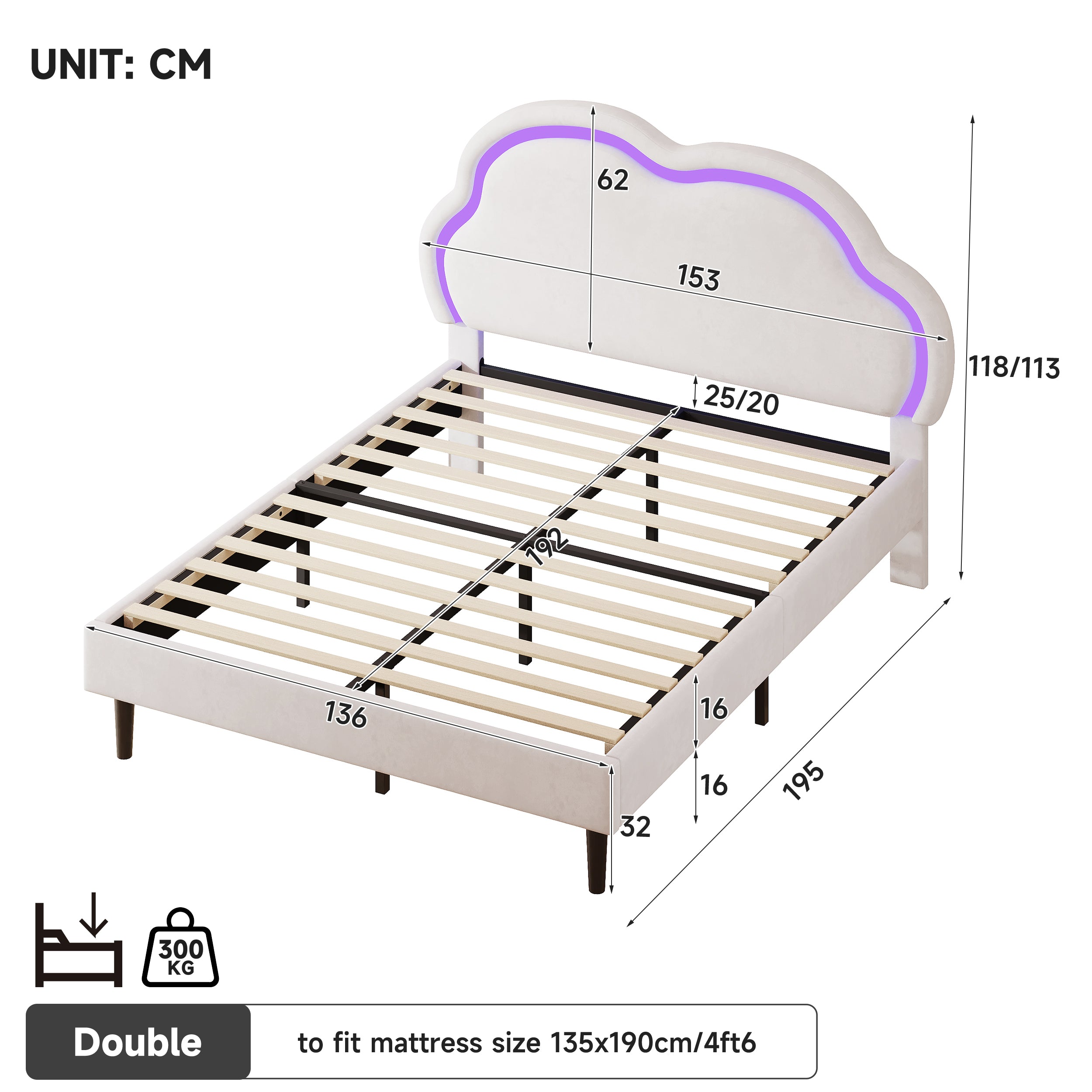 4ft6 Double Upholstered Bed with LED Adjustable Cute Cloud Headboard, Soft Velvet Bed Frame with Solid Wood Slat, No Box Spring Needed, Easy Assembly, Cream White (No Mattress)