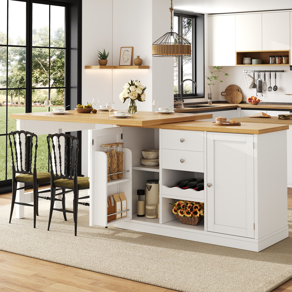 Extendable Sideboard & Dining Table Combo, 2 Drawers & Snack rack, Space-Saving Sideboard for Small Flats, White/Black