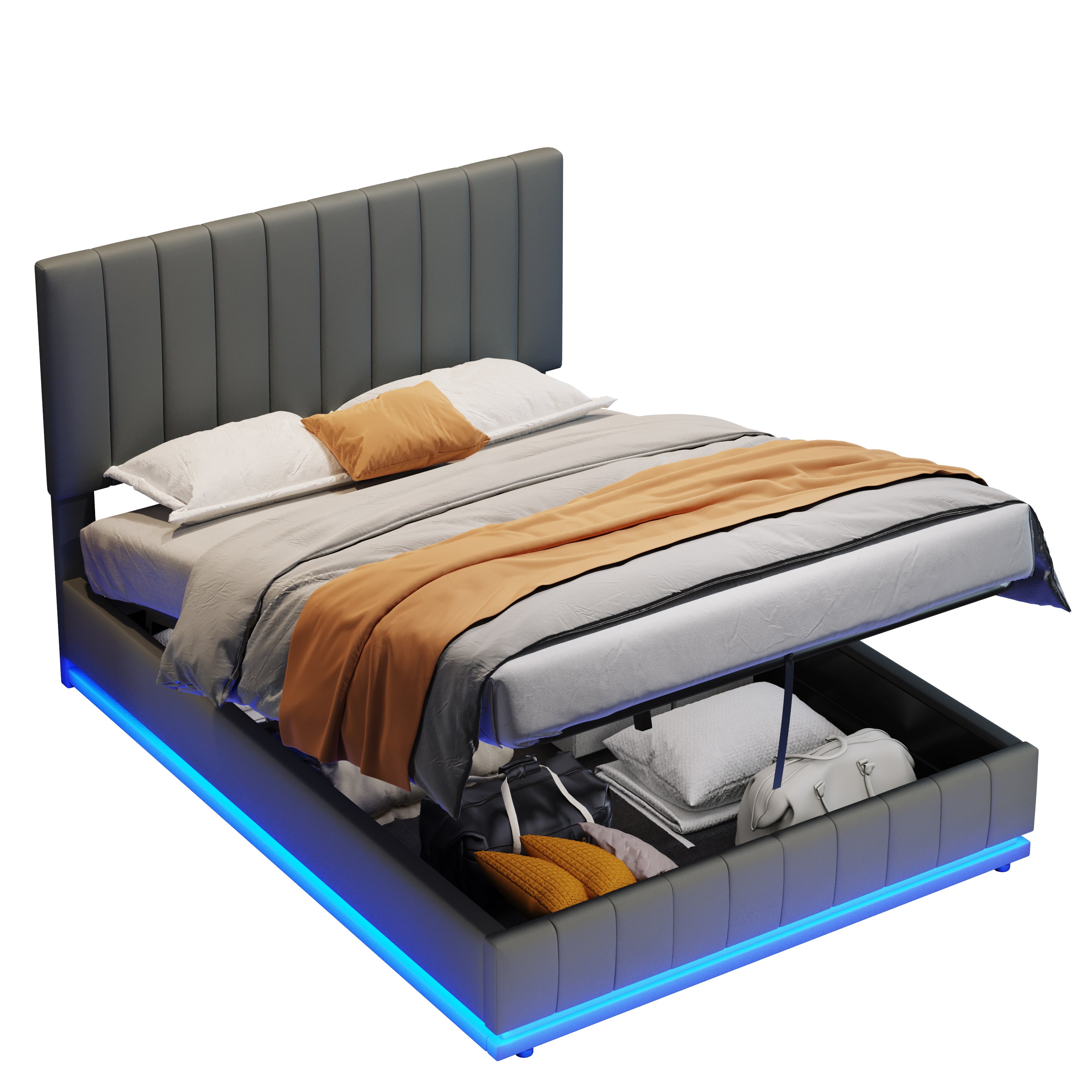 Ottoman King Bed with LED Lighting, PU Leather Upholstered Bed with Hydraulic Storage, 5ft King Bed Frame with Adjustable Channel Tufted Headboard, No Box Spring Needed, Grey (No Mattress)