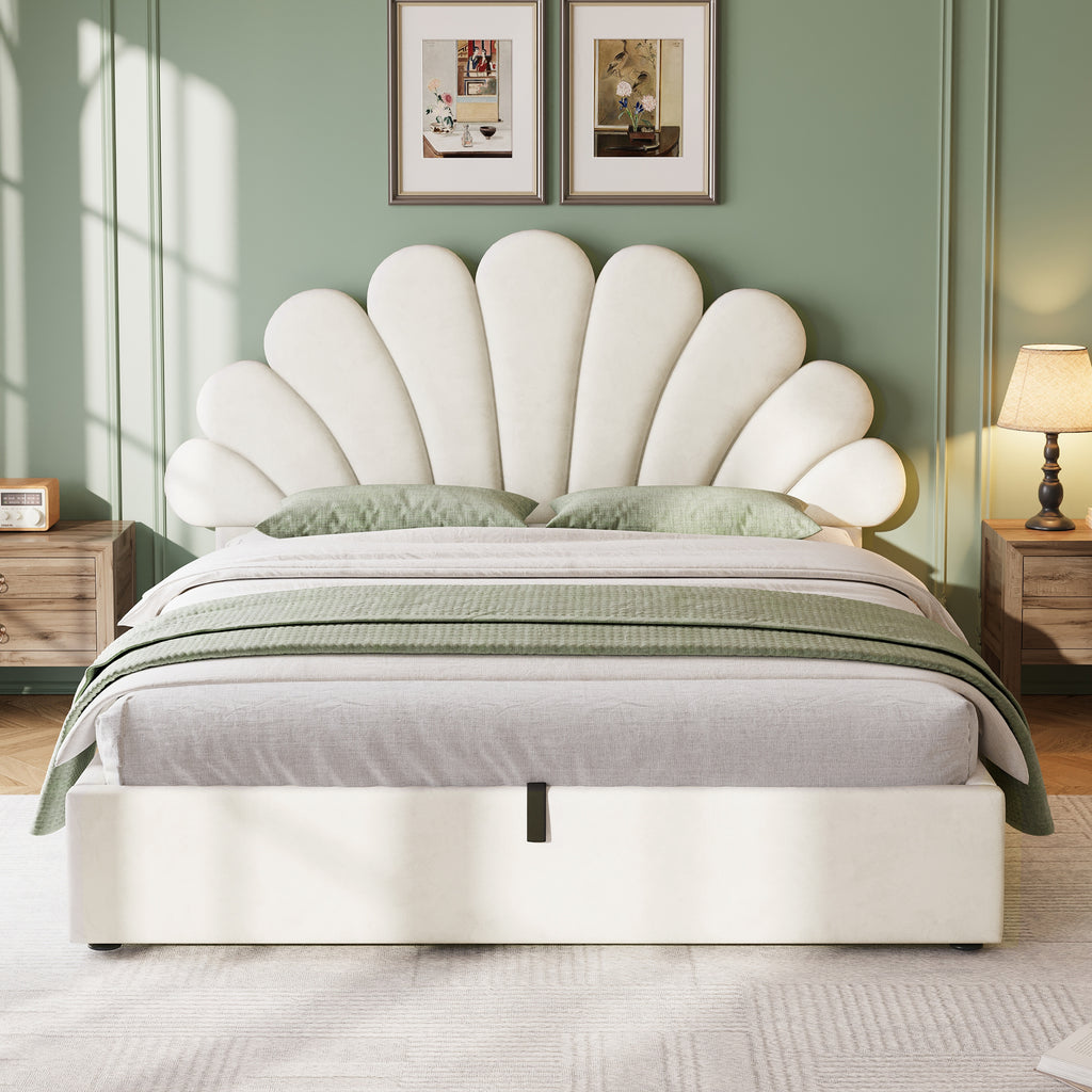 4ft6 Double Upholstered Hydraulic Bed with Adjustable Chic Petal Headboard, Soft Velvet Bed Frame with Hydraulic Storage, Petal Bed with Solid Wood Slat, No Box Spring Needed, Beige (No Mattress)
