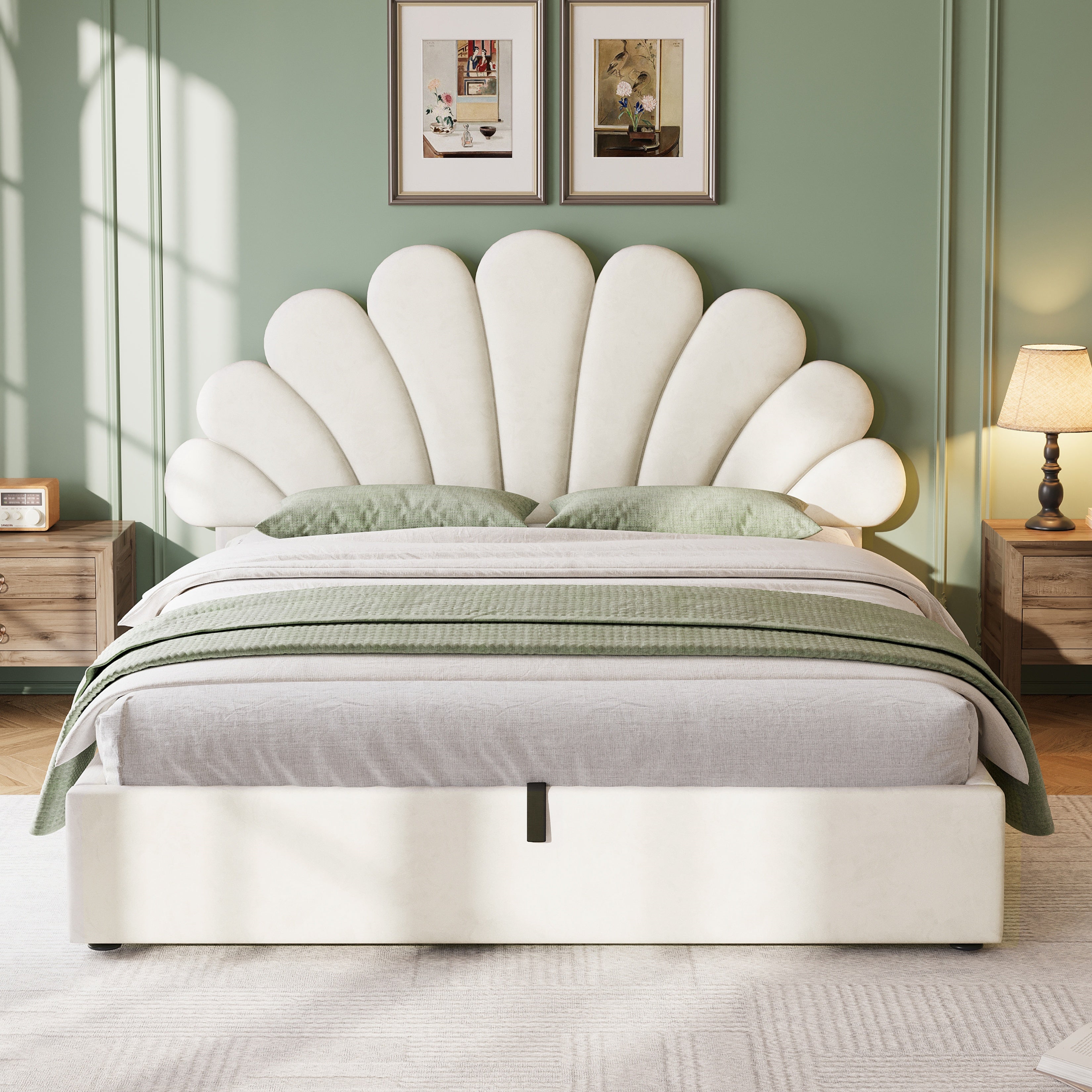 4ft6 Double Upholstered Hydraulic Bed with Adjustable Chic Petal Headboard, Soft Velvet Bed Frame with Hydraulic Storage, Petal Bed with Solid Wood Slat, No Box Spring Needed, Beige (No Mattress)