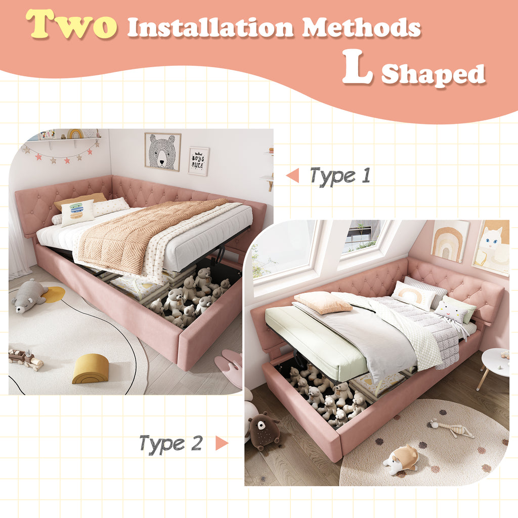 Daybed Upholstered Bed with Storage, 3FT Single Sofa Bed 90 x 190 cm, Ottoman Bed with Hydraulic Storage, Metal Slatted Bed Frame, Velvet, Pink (No Mattress)