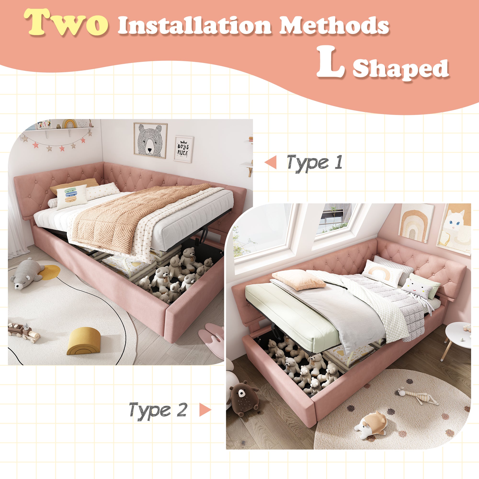 Daybed Upholstered Bed with Storage, 3FT Single Sofa Bed 90 x 190 cm, Ottoman Bed with Hydraulic Storage, Metal Slatted Bed Frame, Velvet, Pink (No Mattress)