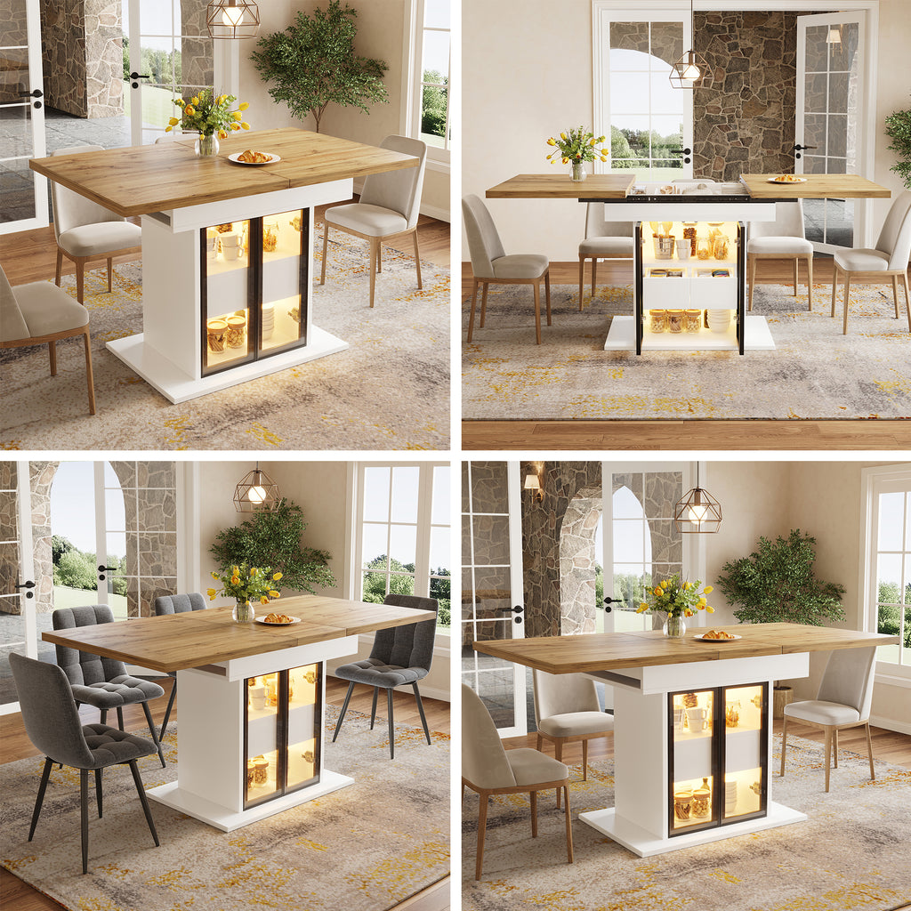 Extendable dining table with storage space & RGB LED lighting, 110–140cm, glass sliding doors & concealed push handles, white/black