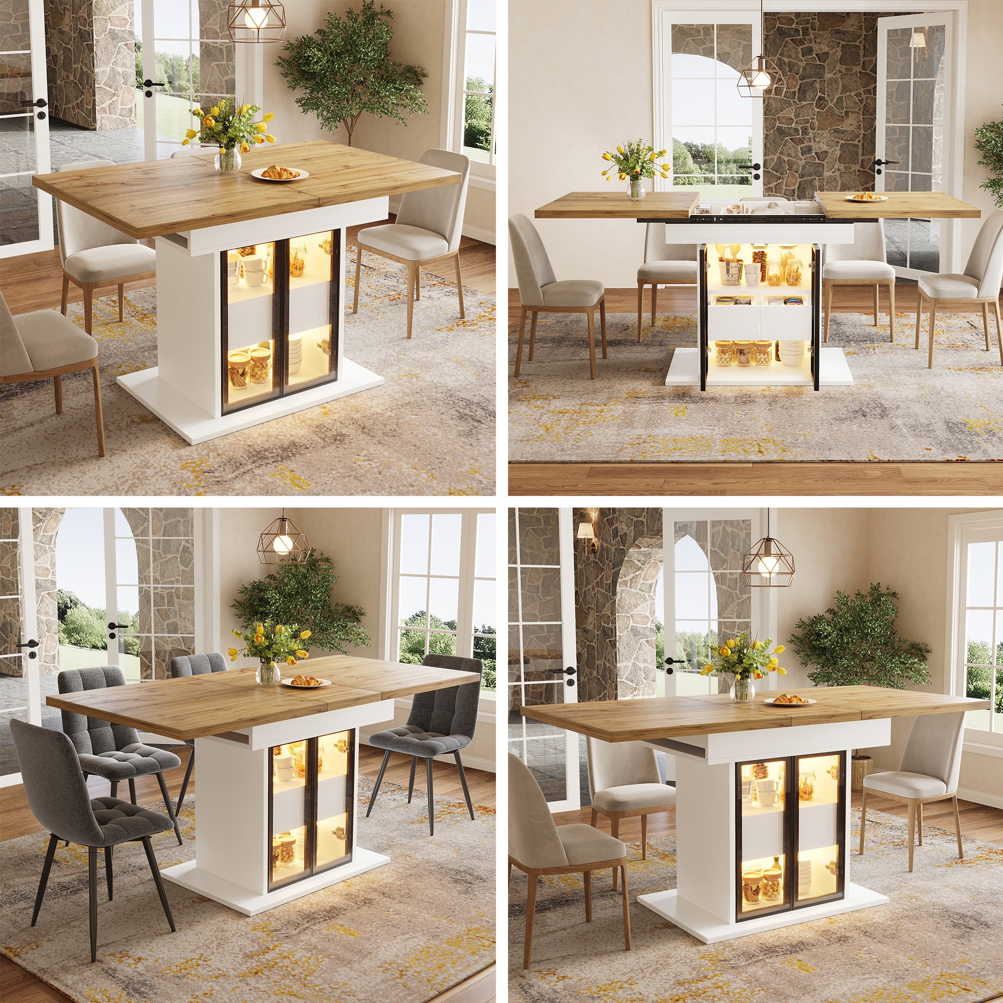 Extendable dining table with storage space & RGB LED lighting, 110–140cm, glass sliding doors & concealed push handles, white/black