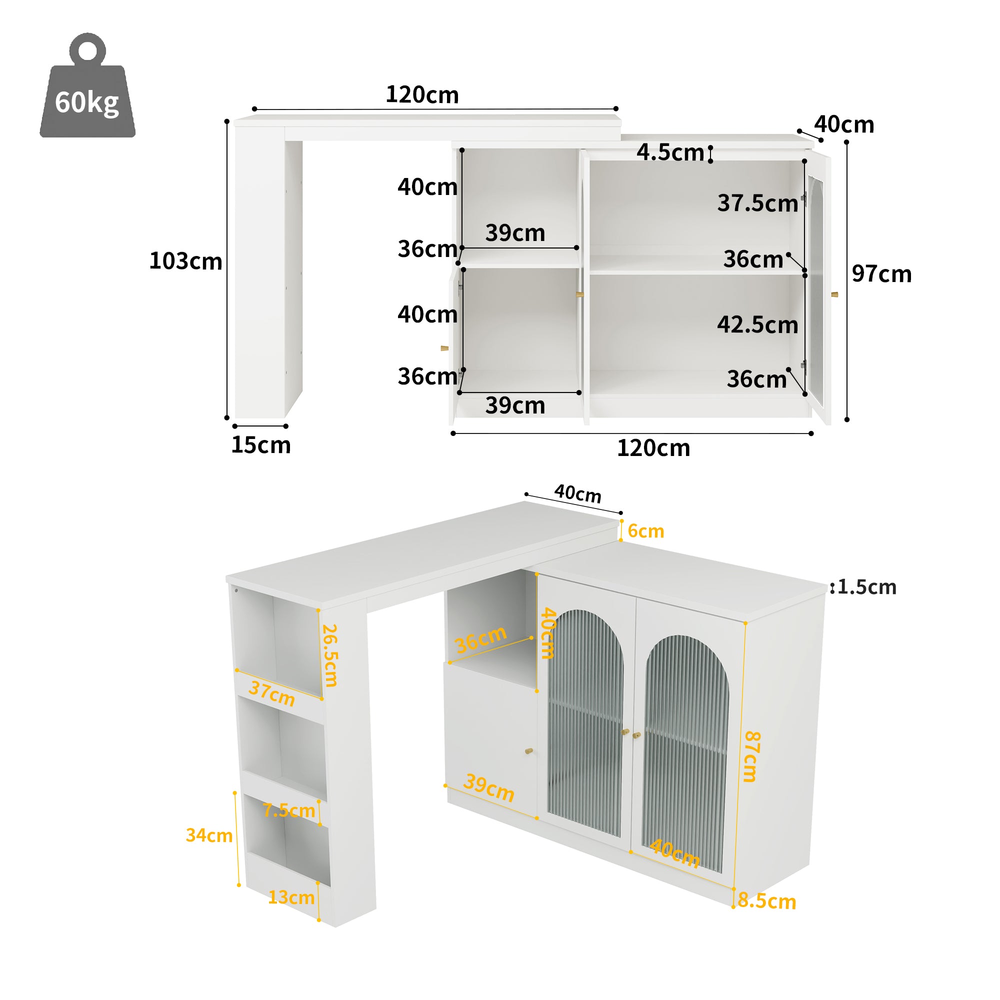 360° rotating bar table (main body 120 x 40 x 97 cm), modern and simple white rotating dining and bar cabinet, multifunctional storage cabinet with glass door