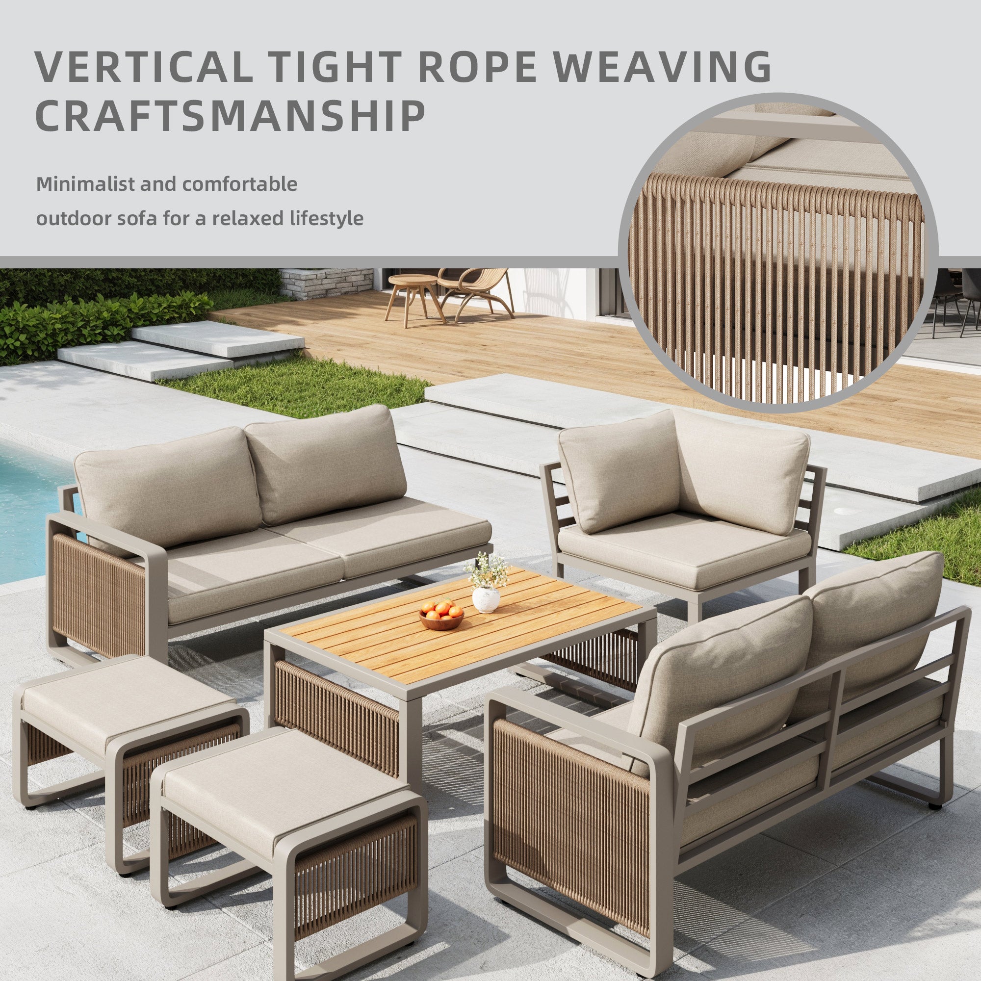 Garden lounge chair set, furniture set for 6-7 people, handwoven rope garden sofa, weatherproof corner set & iron lounger, including soft seat and back cushions, adjustable feet, beige