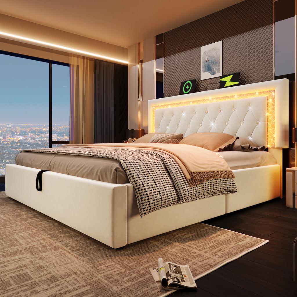 Upholstered Double Bed 135 x 190 cm with LED Lighting, USB Type-C Charging, 4ft6 Hydraulic Storage Bed with Adjustable Diamond Tufted Headboard, Velvet, Beige (No Mattress)