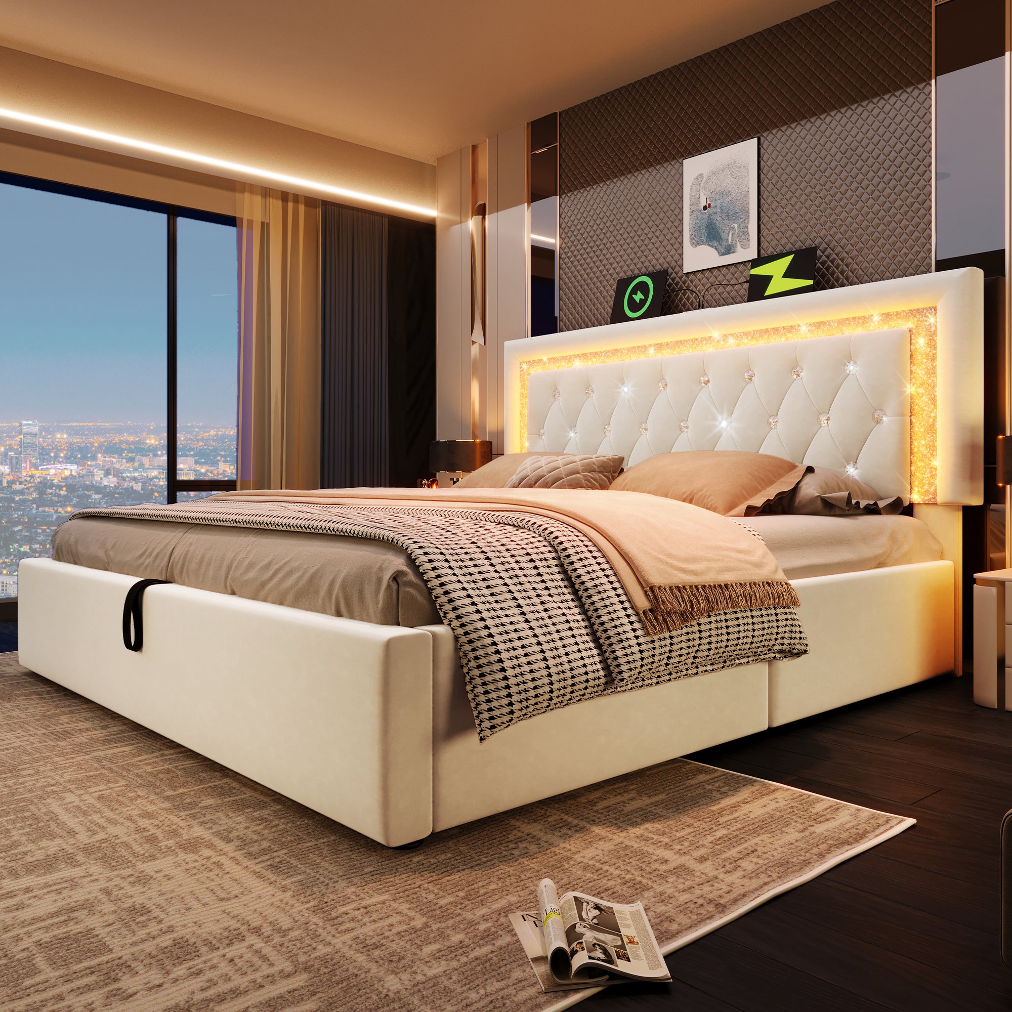 Upholstered Super King Size Bed 180 x 200 cm with LED Lighting, USB Type-C Charging, 6ft Hydraulic Storage Bed with Adjustable Diamond Tufted Headboard, Velvet, Beige (No Mattress)