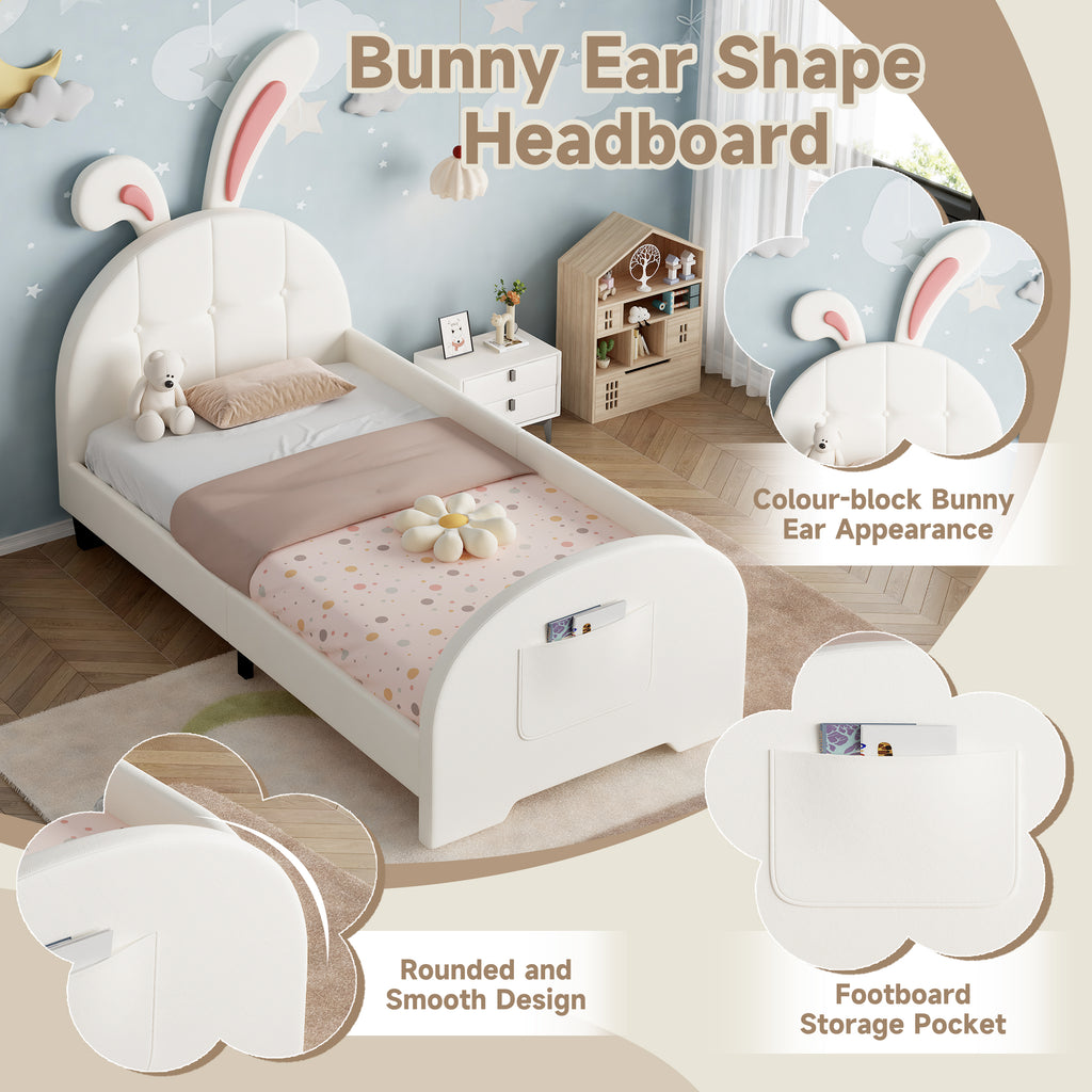 3ft Single Rabbit-Shaped Upholstered Bed Frame, Bunny Ear Headboard & Footboard Storage Pocket, Soft PU Leather Single Bed with Sturdy Metal-Wood Frame, Cream White (No Mattress)