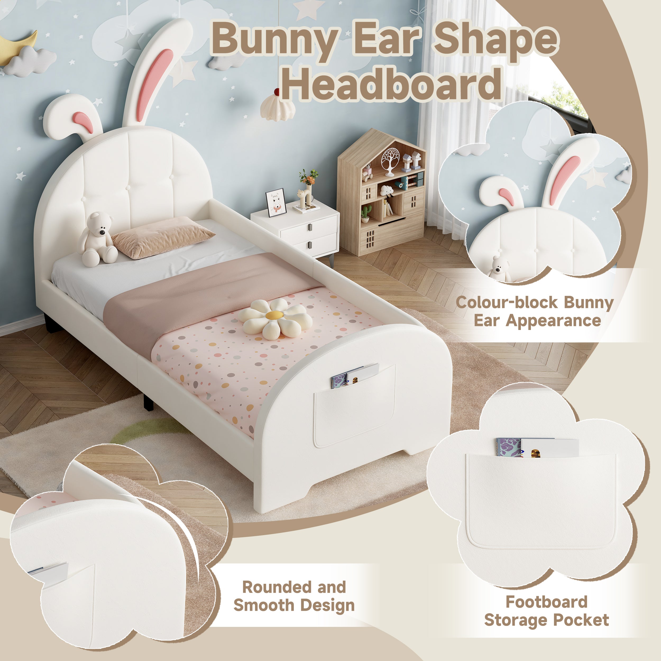 3ft Single Rabbit-Shaped Upholstered Bed Frame, Bunny Ear Headboard & Footboard Storage Pocket, Soft PU Leather Single Bed with Sturdy Metal-Wood Frame, Cream White (No Mattress)