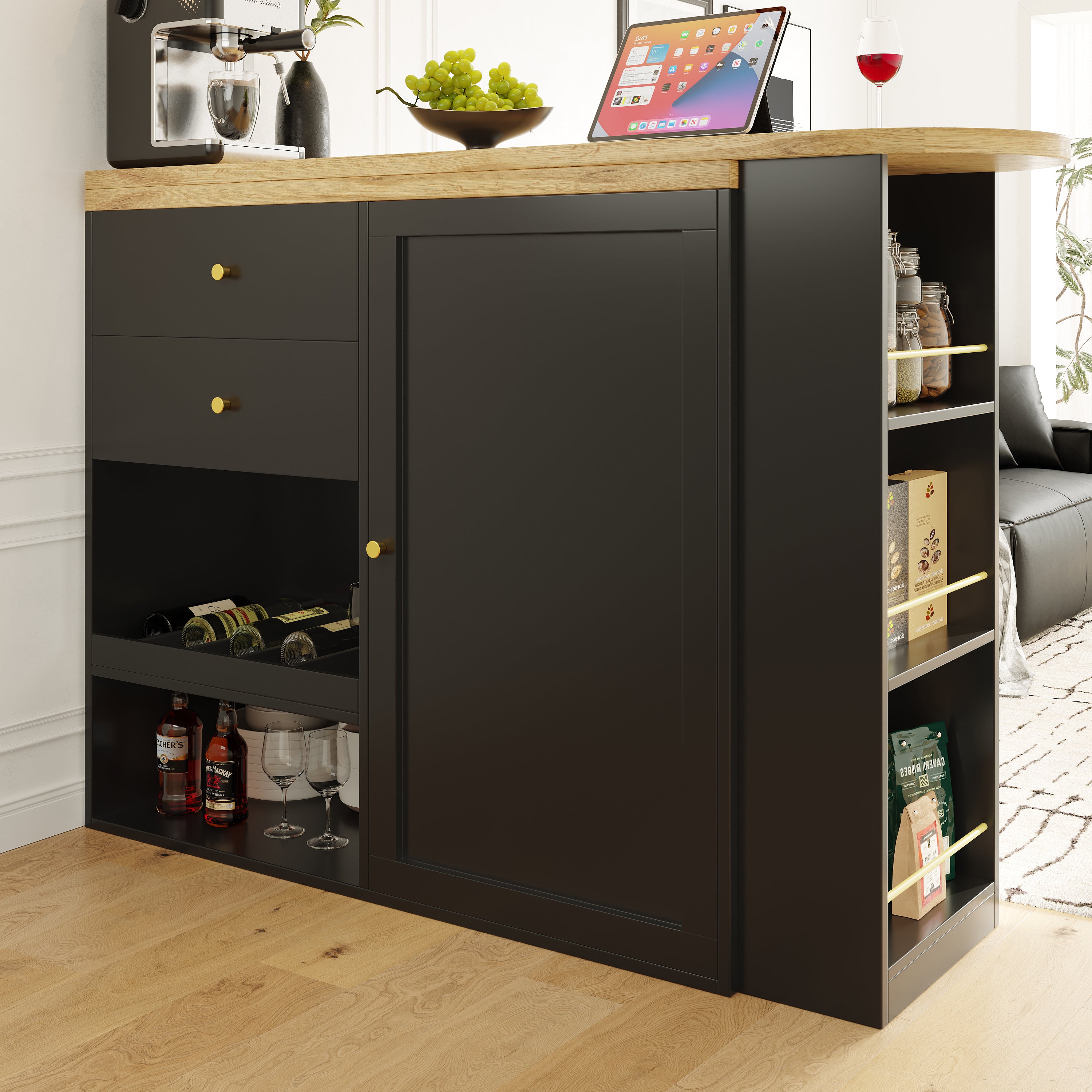 360° Swivelling Bar Table (105 x 39 x 102 cm), with 2 Drawers and Sliding Door Cabinet, 3 Levels of Open Storage Space, Suitable for Dining Room/Study/Living Room etc.
