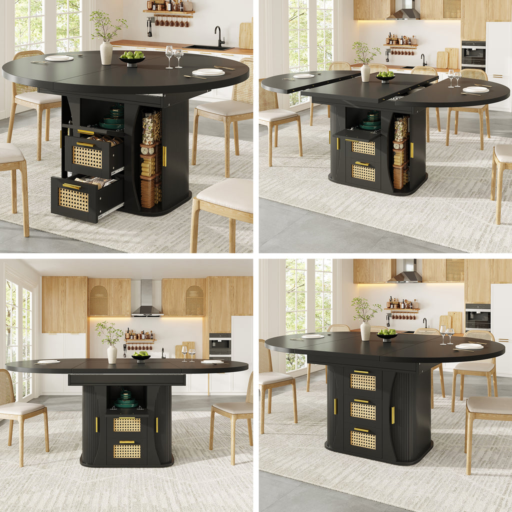 Extendable dining table with storage, 118–158cm table with rattan drawers, MDF wood look, black / natural wood / oak look