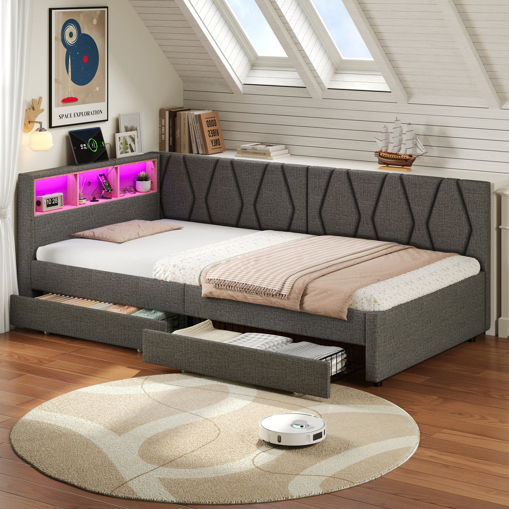 3ft Single Daybed with Two Storage Drawers, LED Modern Bed frame with Charging Station, Linen Sofa Bed for Living Room/ Bedroom/ Study Room, 90X190cm, Easy Assembly, Grey (No Mattress)