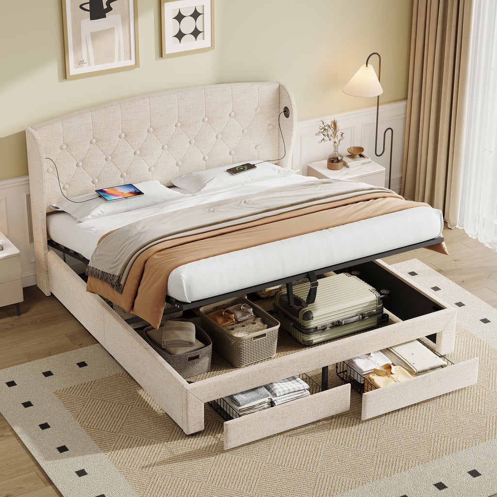 Double Upholstered Bed with Hydraulic and Drawers Storage, Button tufted Headboard with Wingback and Charging Station,  USB and Type - C Ports, No Box Spring Needed, Linen, Beige (No Mattress)