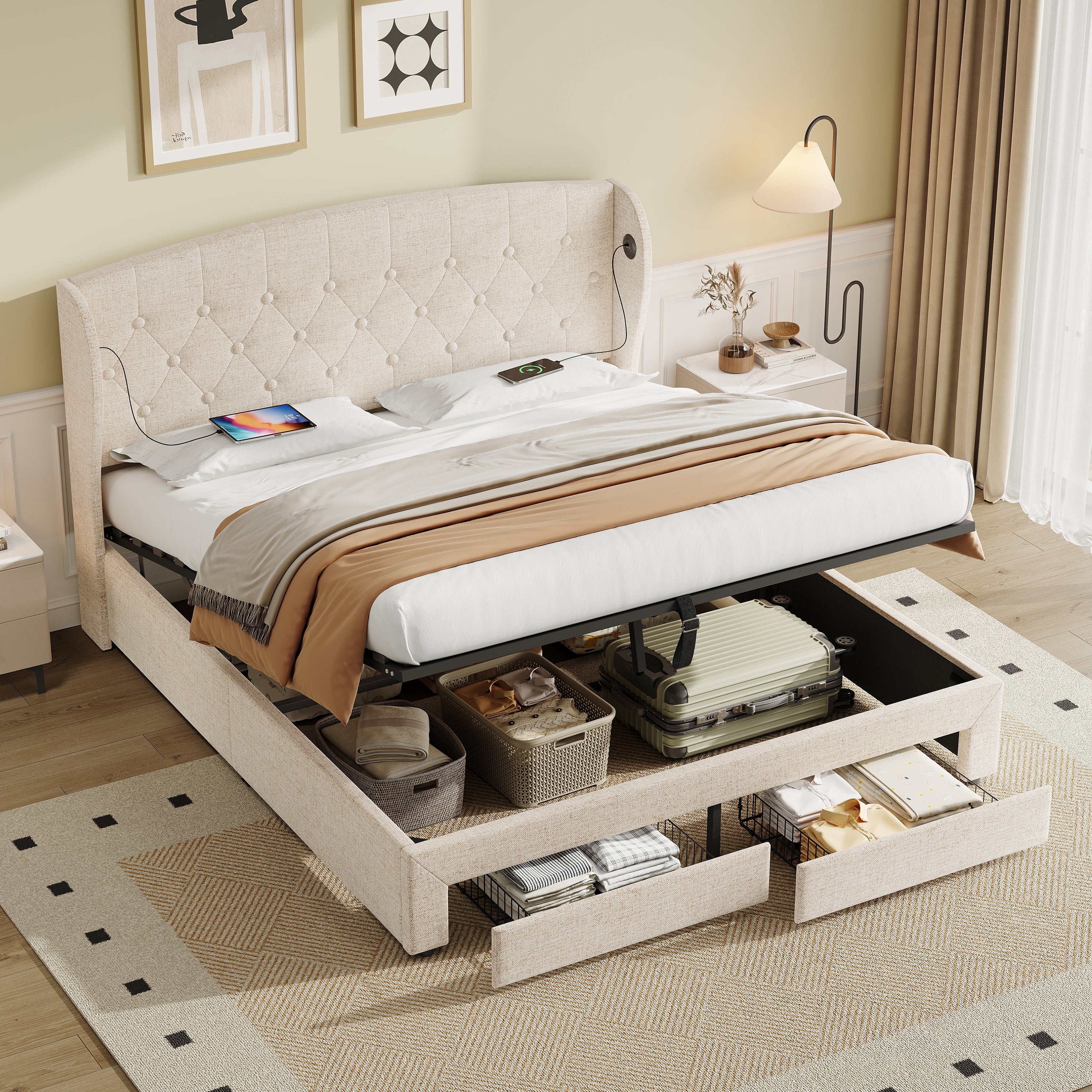 Double Upholstered Bed with Hydraulic and Drawers Storage, Button tufted Headboard with Wingback and Charging Station,  USB and Type - C Ports, No Box Spring Needed, Linen, Beige (No Mattress)