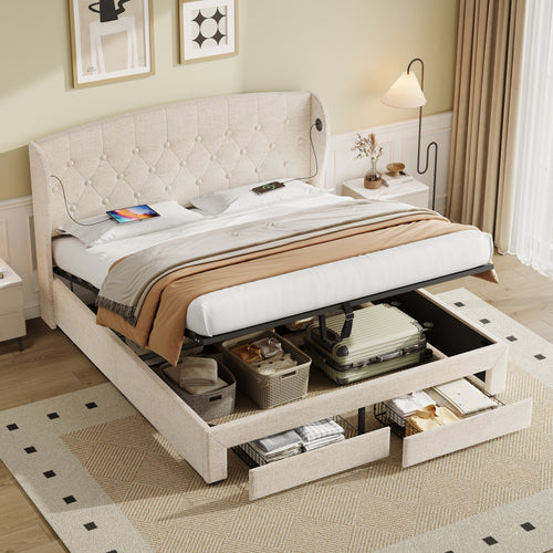 Double Upholstered Bed with Hydraulic and Drawers Storage, Button tufted Headboard with Wingback and Charging Station,  USB and Type - C Ports, No Box Spring Needed, Linen, Beige (No Mattress)