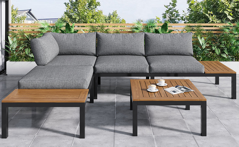 Outdoor Patio&Backyard Furniture Garden Lounge Set for 4 people, Space Saving Thick Quality L-Shaped Corner Sofa with Wooden Table, Grey