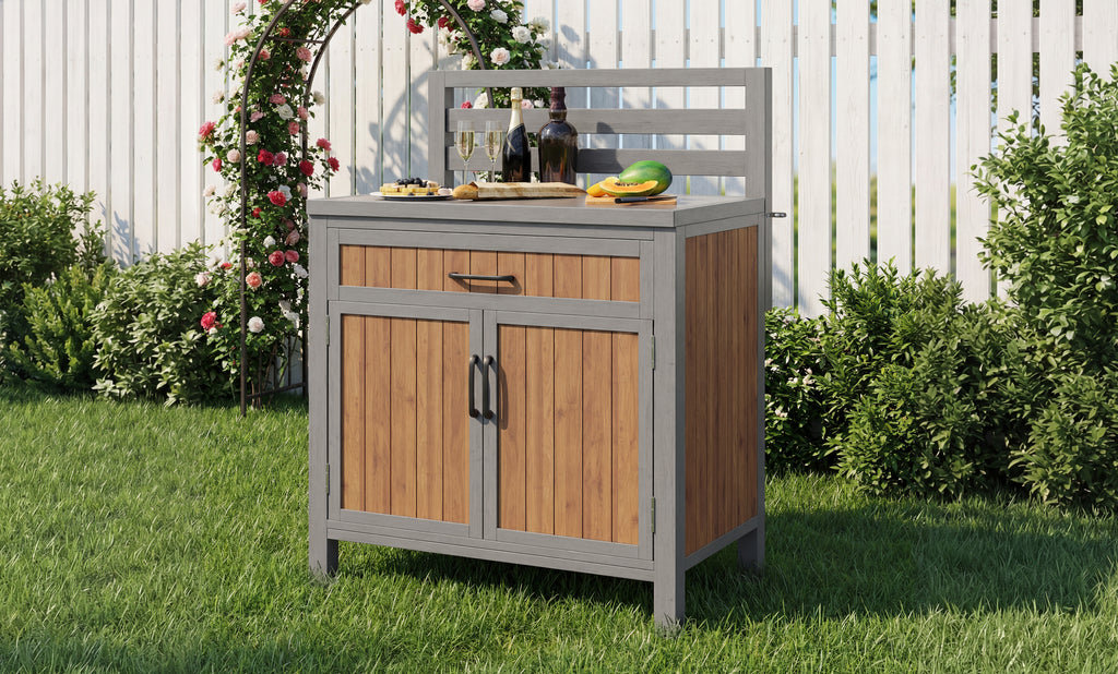 Wooden garden cabinet, weatherproof outdoor storage cabinet, outdoor cupboard with large work surface & drawer, grill station with adjustable shelves, weatherproof kitchen cabinet for patio, balcony