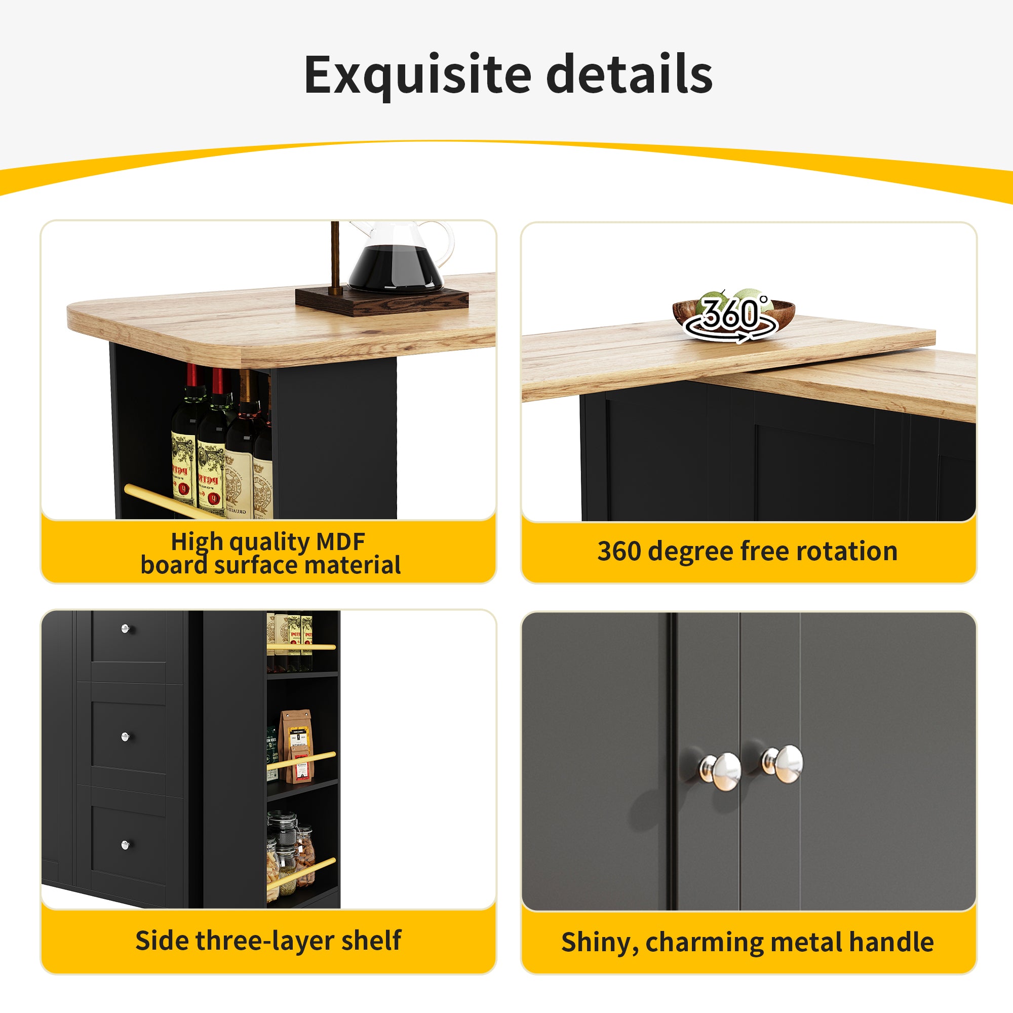 360° swivelling dining table (138-209 x 39 x 106 cm) on castors, bar table, black, with three drawers and snack rack, multifunctional storage island, suitable for kitchen and living room.