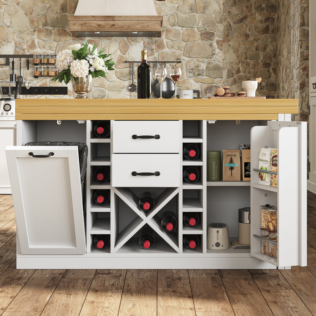 Extendable Sideboard & Dining Table Combo with Wine Rack,  Built-in Trash Bin Compartment and Side Doors with Snack Storage Racks, White